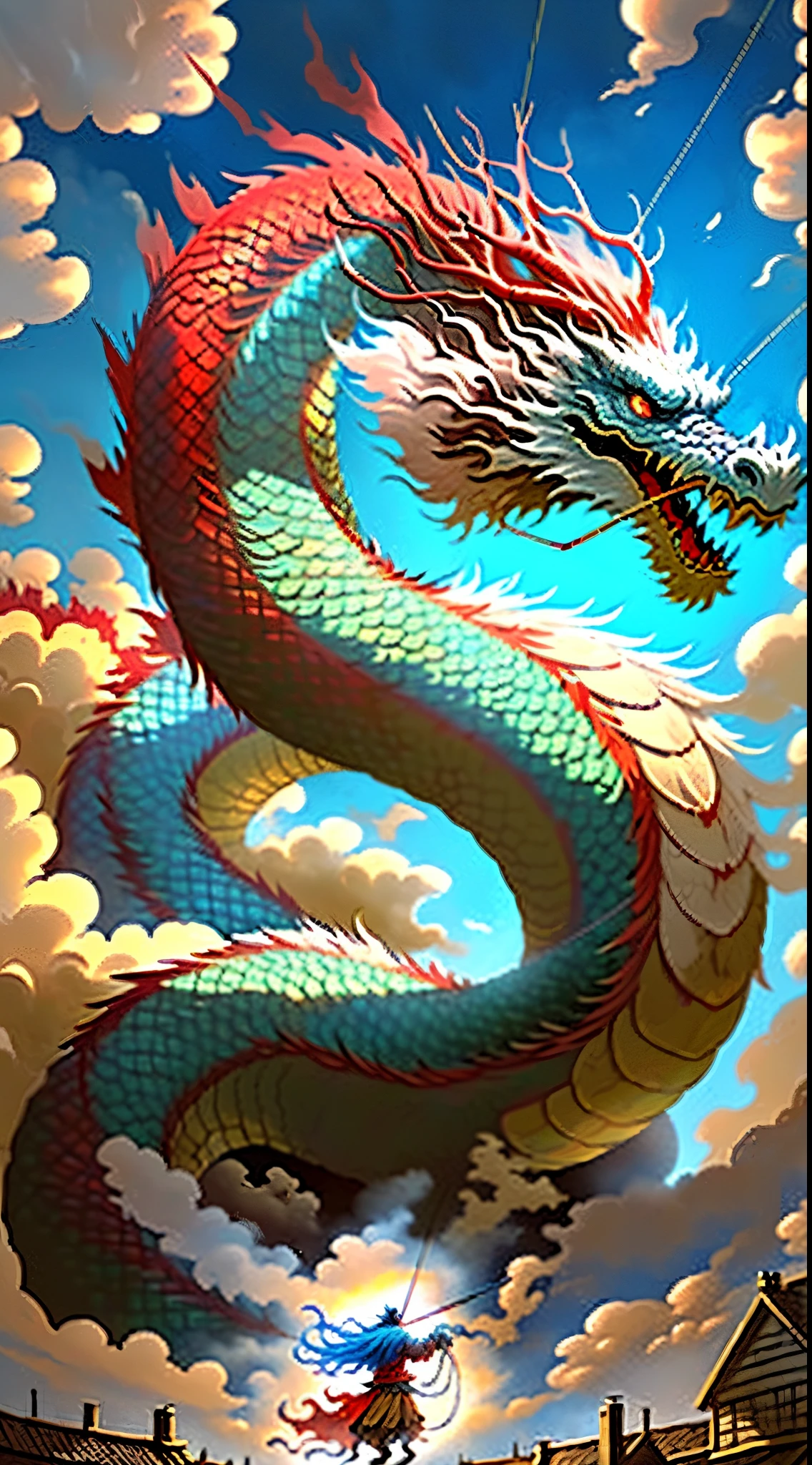 highest quality, masterpiece, Ultra-high resolution, (length: 1.2), Pink Dragon, null, Outdoor, cloud, sun, Mountain, Open your mouth, Blue null, teeth, Libra, Sharp teeth, horn, Shine, tooth, wood, Shine目, landscape