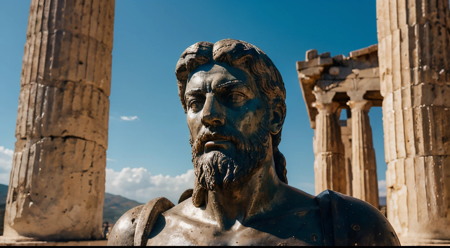 Ancient Stoic Statue With Very Angry Expression, tem barba, muitos detalhes em ambos os olhos, Outside, fundo atenas grego, open sky, com rosto extremamente detalhado full body view, Colors with low saturation with dark tone, Filmado em Sony A7S III com Sony FE 35mm f/1.8, 12.1 MP, --AR 3:2 --estilo cru