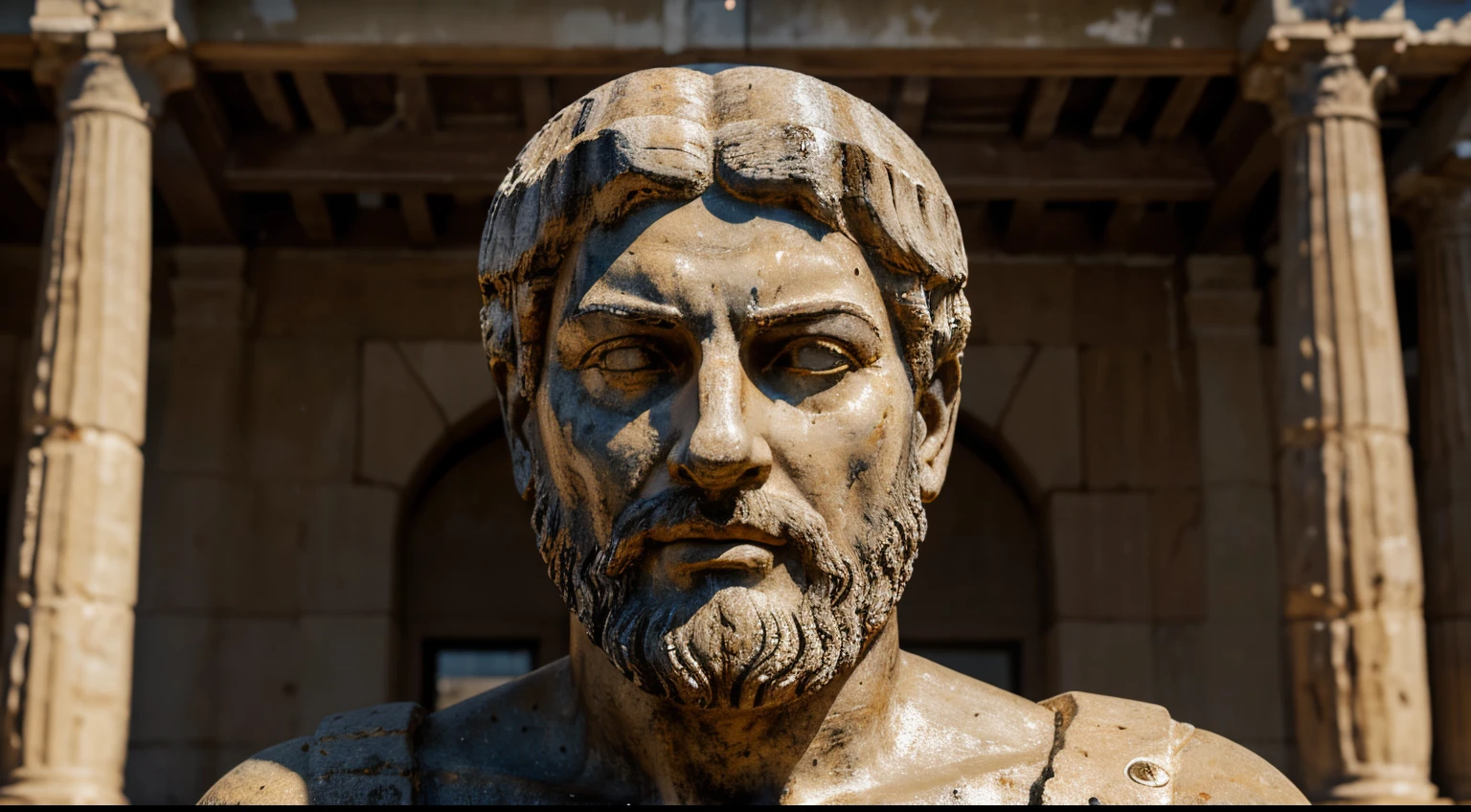 Ancient Stoic Statue With Very Angry Expression, tem barba, muitos detalhes em ambos os olhos, Outside, fundo atenas grego, open sky, com rosto extremamente detalhado full body view, Colors with low saturation with dark tone, Filmado em Sony A7S III com Sony FE 35mm f/1.8, 12.1 MP, --AR 3:2 --estilo cru