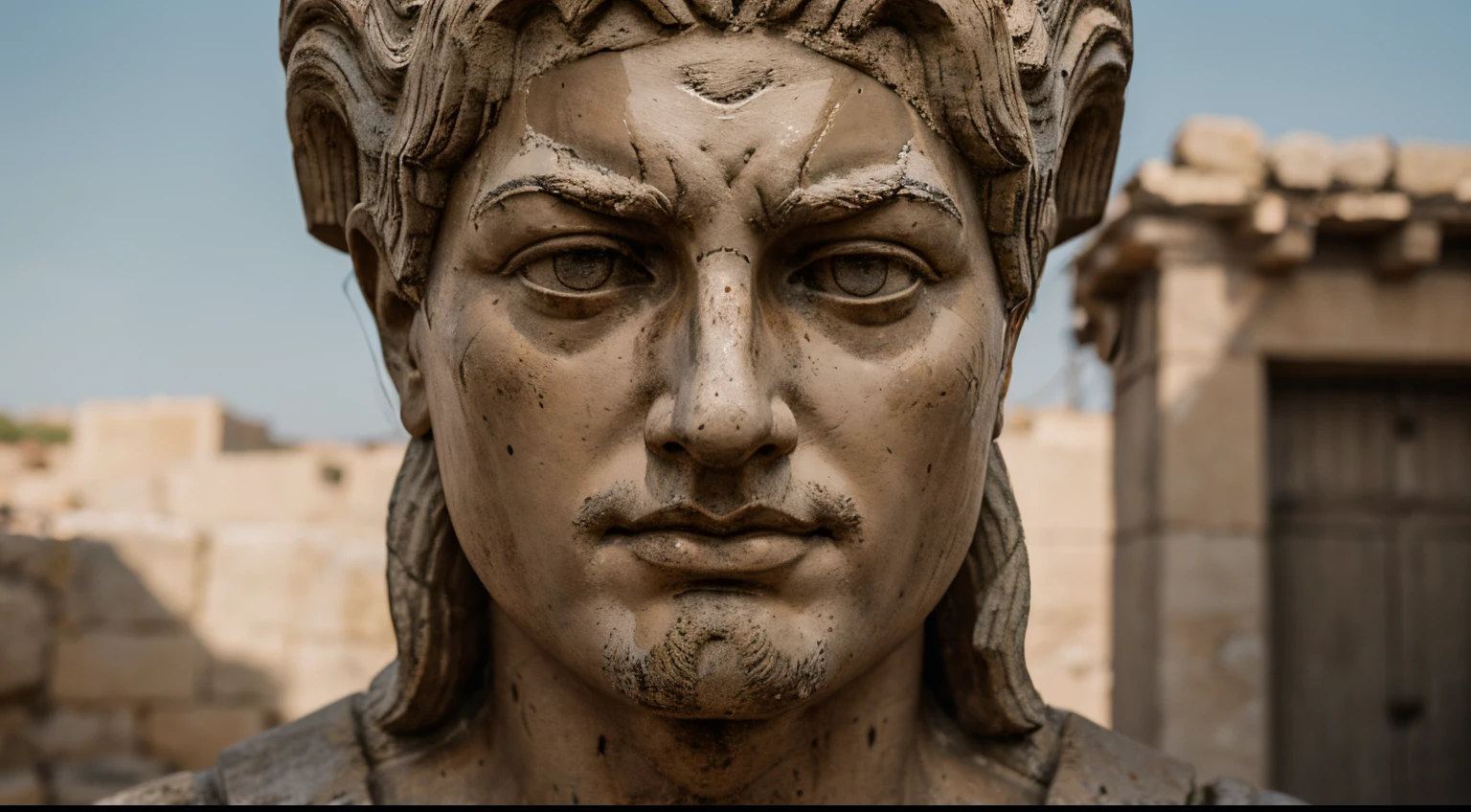 Ancient Stoic Statue With Very Angry Expression, tem barba, muitos detalhes em ambos os olhos, Outside, fundo atenas grego, open sky, com rosto extremamente detalhado full body view, Colors with low saturation with dark tone, Filmado em Sony A7S III com Sony FE 35mm f/1.8, 12.1 MP, --AR 3:2 --estilo cru