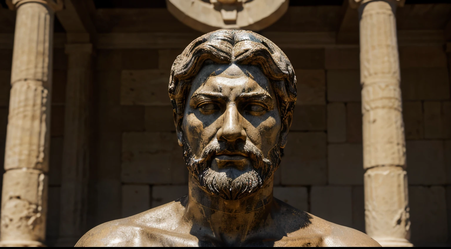 Ancient Stoic Statue With Very Angry Expression, tem barba, muitos detalhes em ambos os olhos, Outside, fundo atenas grego, open sky, com rosto extremamente detalhado full body view, Colors with low saturation with dark tone, Filmado em Sony A7S III com Sony FE 35mm f/1.8, 12.1 MP, --AR 3:2 --estilo cru
