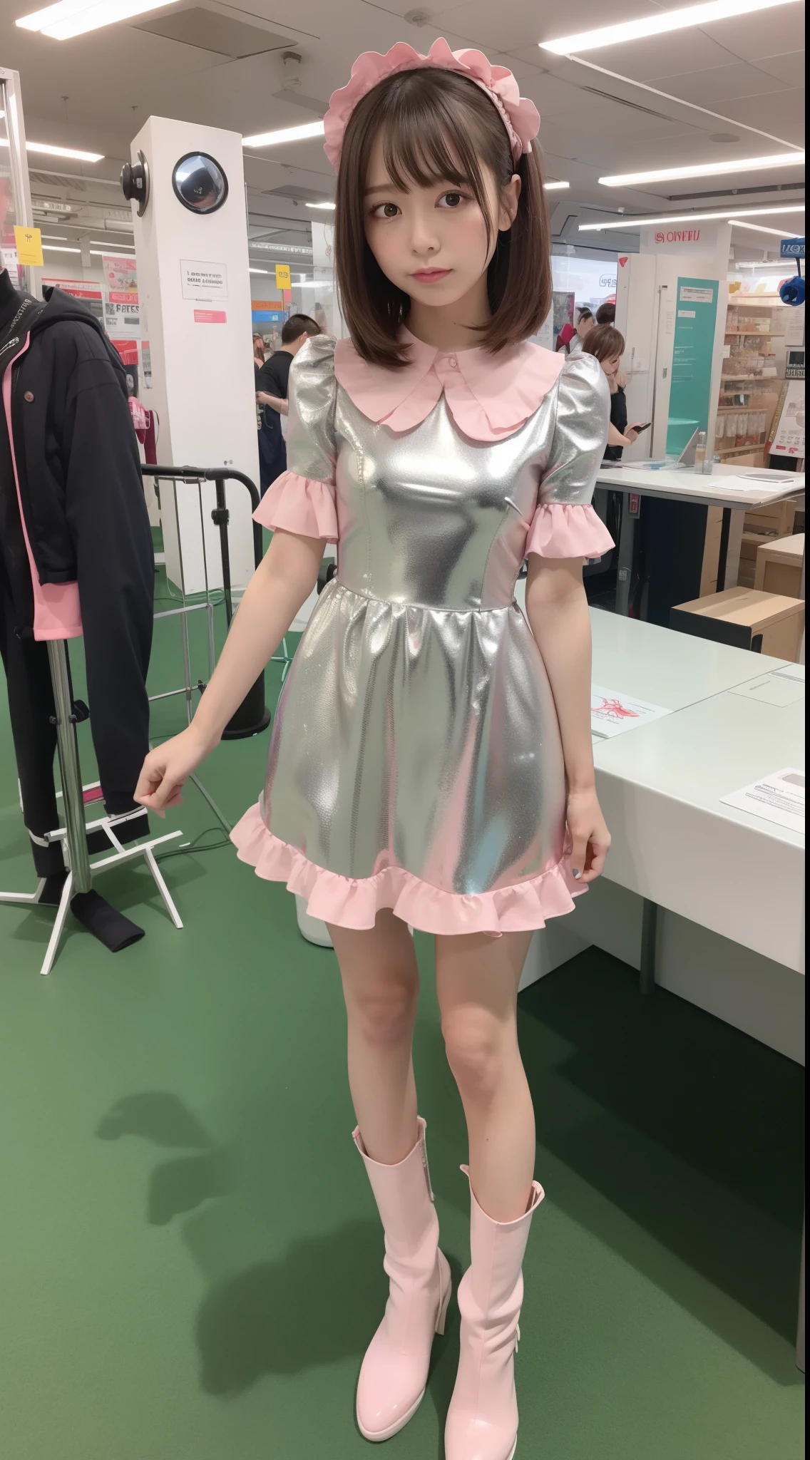 Robot Girl, pink there, Silver, Metallic body, Robot Parts, Metal Parts, Super Detailed Face, Super well-formed face, of the highest quality, a small face, a small head, Brown hair, Slender body, Camera gaze, Internal Mechanical Exposure, Idol, front facing, Well-proportioned body, sale, exhibition, Event Hall, Moe Pose, no sleeve pink metallic maid Dress Machine Armor, Standing with legs open, Model body type, sad, Embarrassing,(Perfect Robot Girl),(Perfect machine body)
