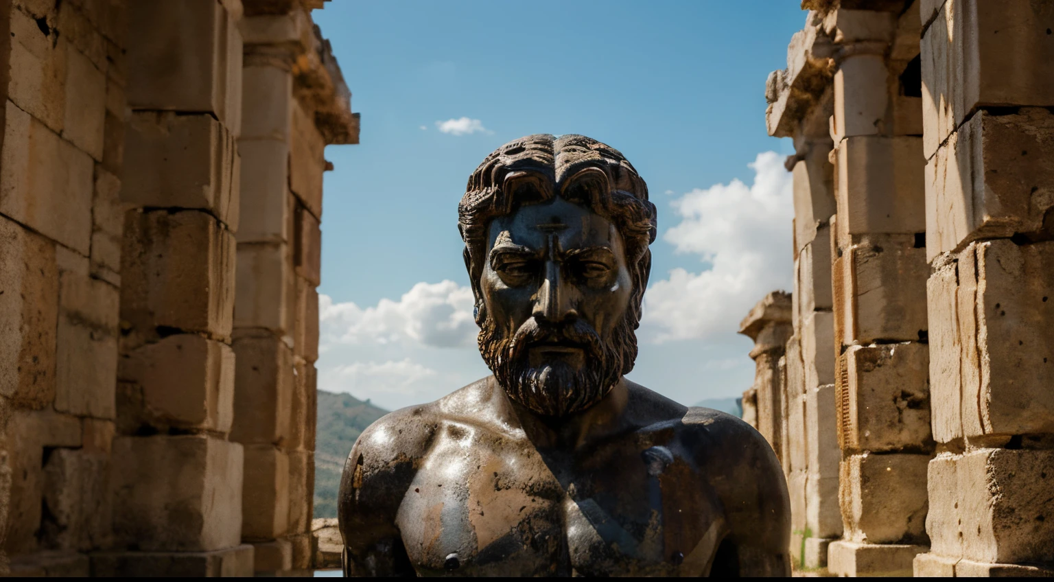 Ancient Stoic Statue With Very Angry Expression, tem barba, muitos detalhes em ambos os olhos, Outside, fundo atenas grego, open sky, com rosto extremamente detalhado full body view, Colors with low saturation with dark tone, Filmado em Sony A7S III com Sony FE 35mm f/1.8, 12.1 MP, --AR 3:2 --estilo cru