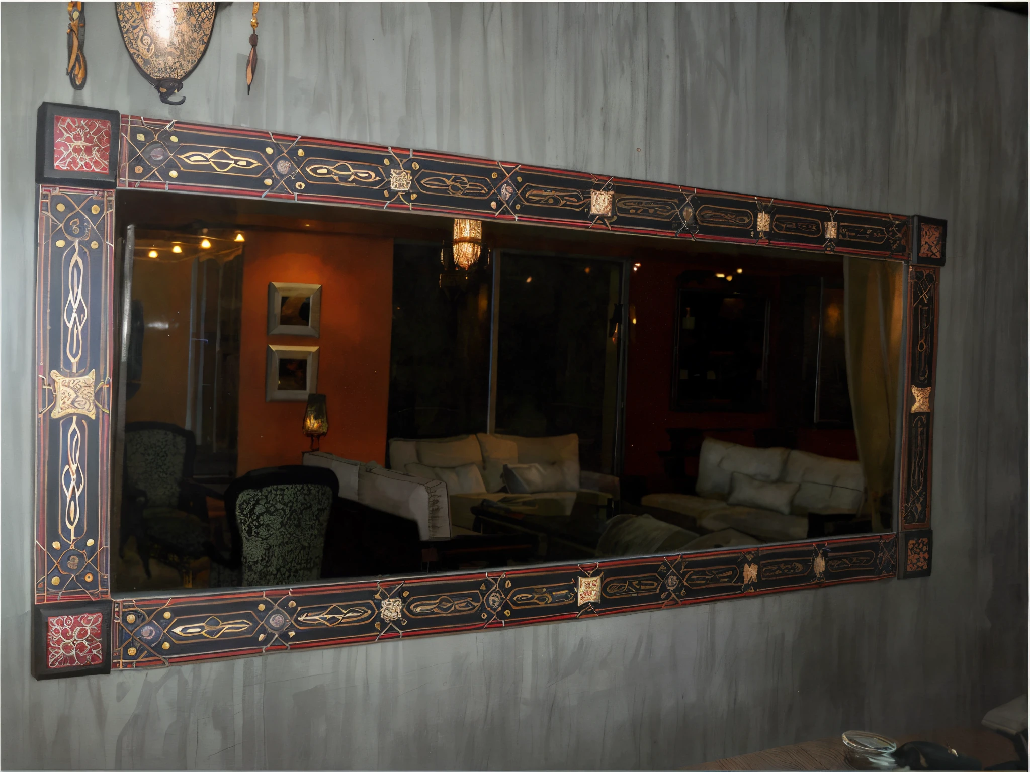 there is a large mirror hanging on the wall in a living room, mirror and glass surfaces, painted metal and glass, inside stylized border, mirror, big mirrors, hand painted, by Susan Heidi, detailed wide shot, decorative panels, with ornamental edges, mirrors, decorated polished wood, finely painted, portrait shot, mirrored, mirror reflection, deco