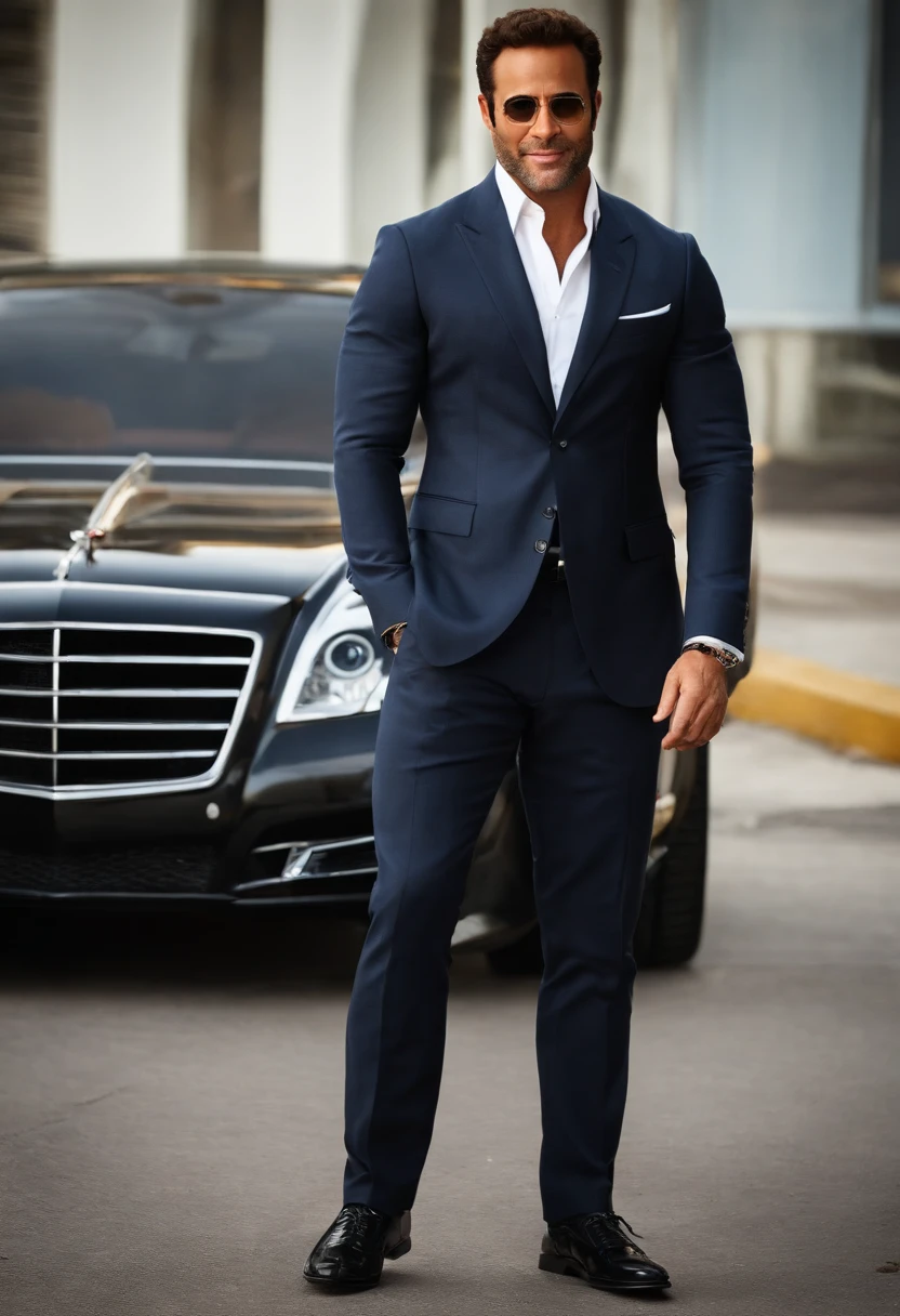 Ari is standing in front of a high-end, custom-built motorcycle, revving the engine with a devilish grin.,Entourage,Ari Gold, the fictional talent agent from “Entourage,” is known for his sharp, polished appearance, often seen in designer suits that complement his fast-paced, high-powered lifestyle in Hollywood. He has a confident, assertive demeanor, characterized by his brisk walk and intense, focused expressions.