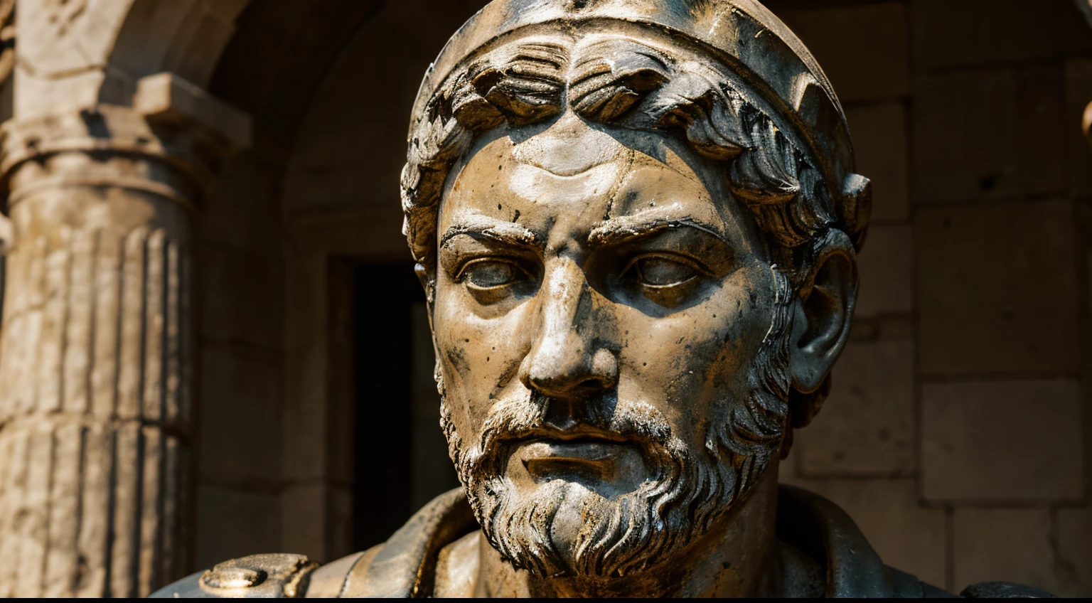 Ancient Stoic Statue With Very Angry Expression, tem barba, muitos detalhes em ambos os olhos, Outside, fundo atenas grego, open sky, com rosto extremamente detalhado full body view, Colors with low saturation with dark tone, Filmado em Sony A7S III com Sony FE 35mm f/1.8, 12.1 MP, --AR 3:2 --estilo cru