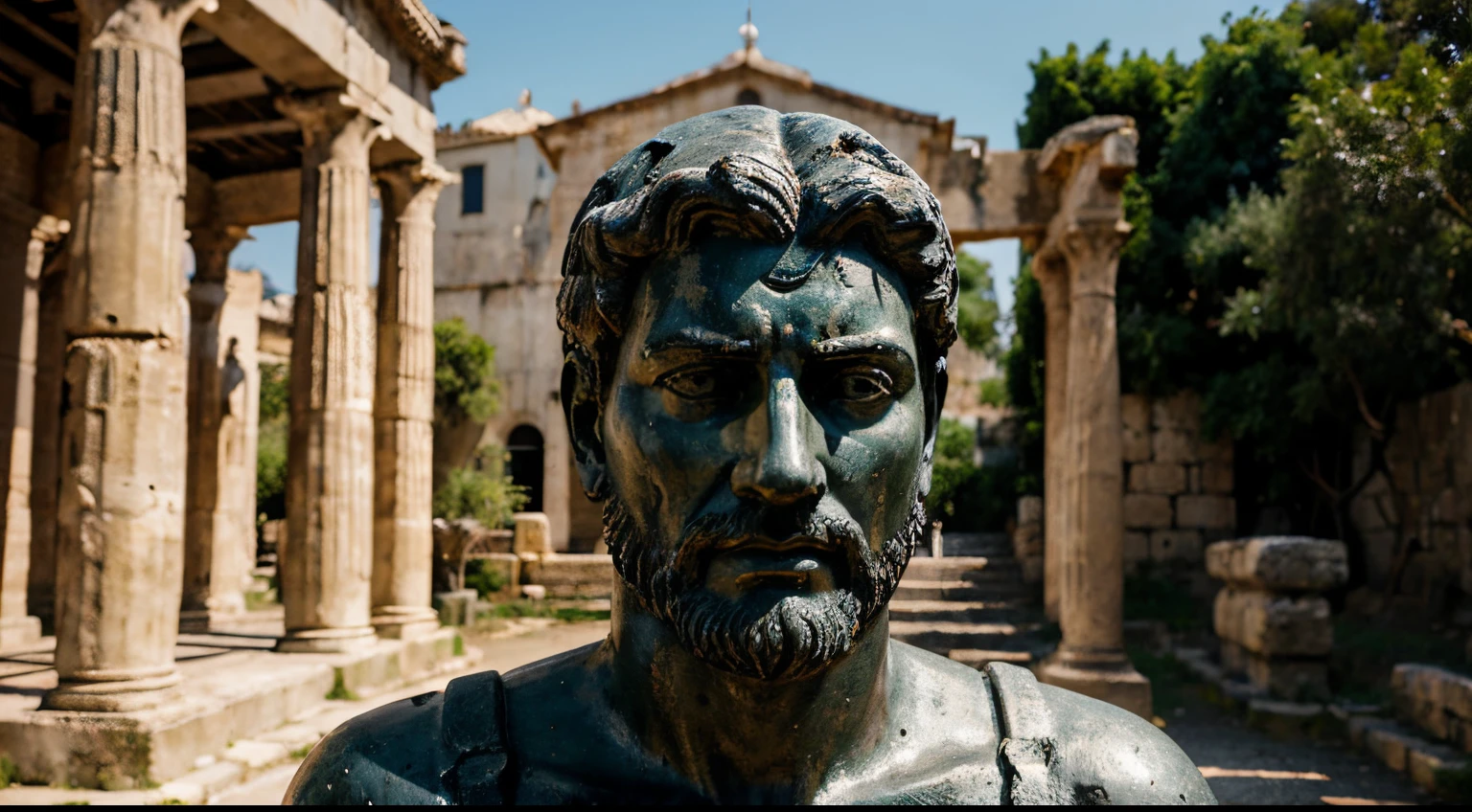 Ancient Stoic Statue With Very Angry Expression, tem barba, muitos detalhes em ambos os olhos, Outside, fundo atenas grego, open sky, com rosto extremamente detalhado full body view, Colors with low saturation with dark tone, Filmado em Sony A7S III com Sony FE 35mm f/1.8, 12.1 MP, --AR 3:2 --estilo cru