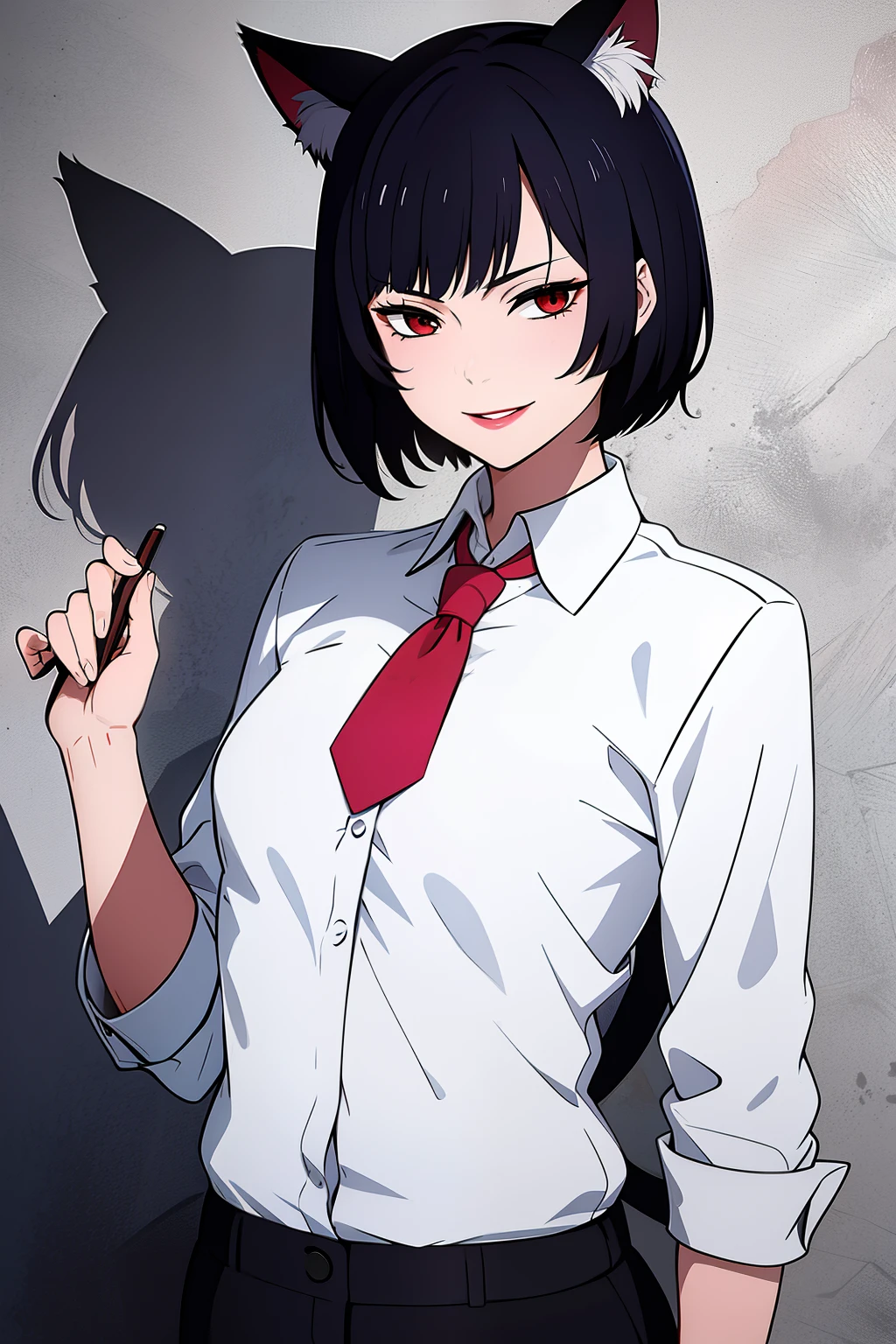 Cute girl, short hair, wearing a formal suit, Tie, big chest, sexy, lipstick, Smiling face, beautiful eyes, black hair, Hair neat and combed, red (X) behind she, Combat stance,X, Cat ears, cat collar, cat tail