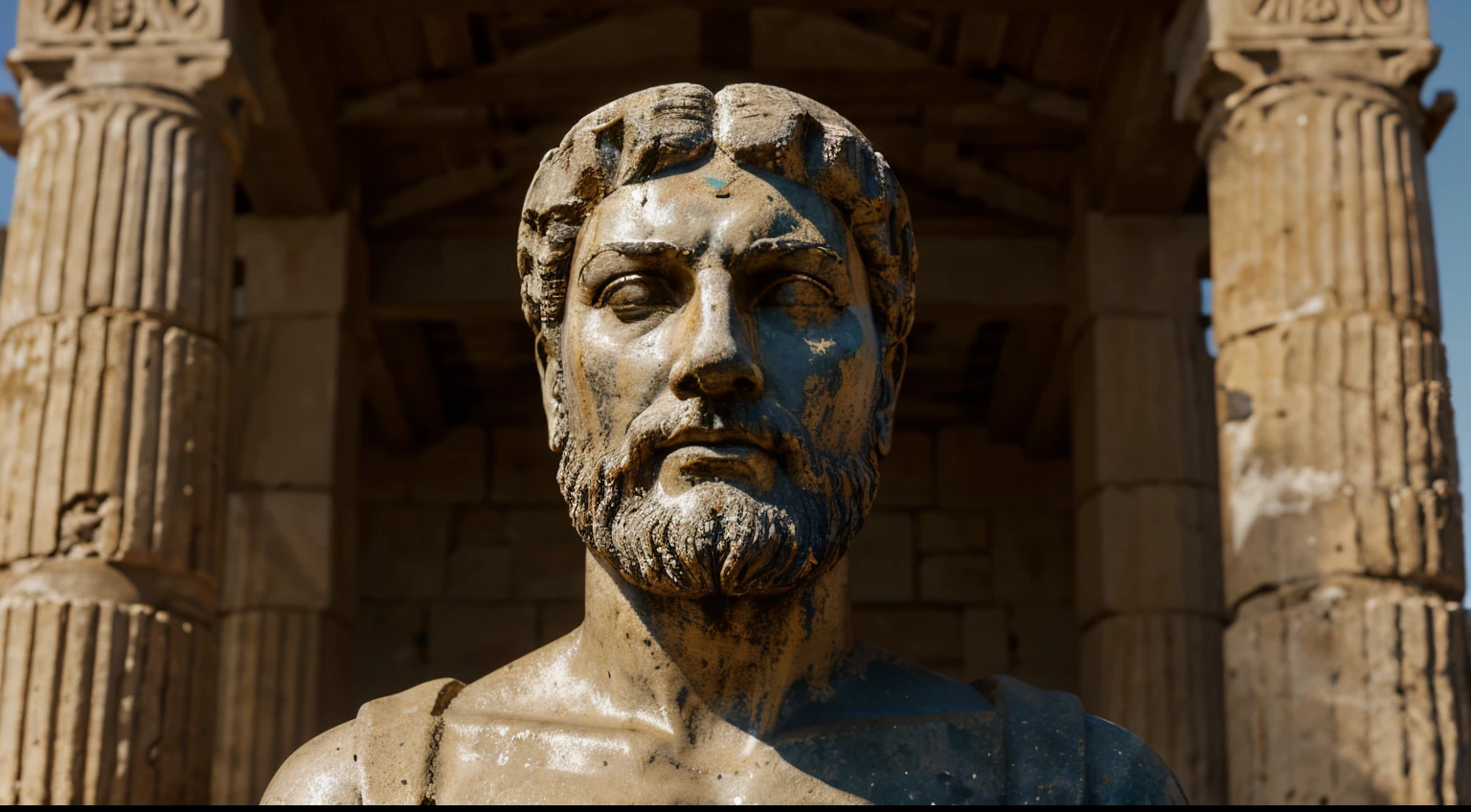 Ancient Stoic Statue With Very Angry Expression, tem barba, muitos detalhes em ambos os olhos, Outside, fundo atenas grego, open sky, com rosto extremamente detalhado full body view, Colors with low saturation with dark tone, Filmado em Sony A7S III com Sony FE 35mm f/1.8, 12.1 MP, --AR 3:2 --estilo cru