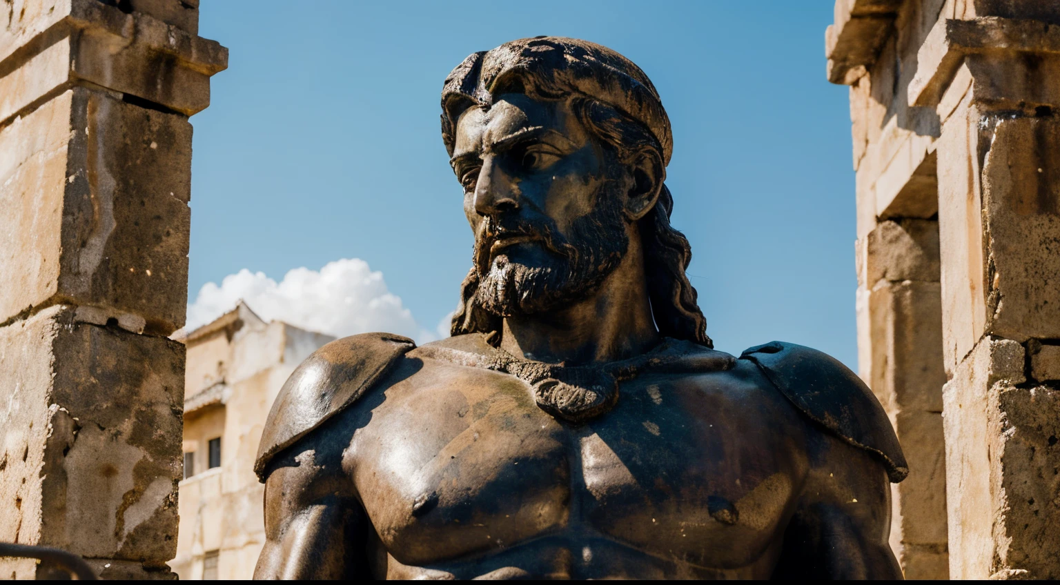 Ancient Stoic Statue With Very Angry Expression, tem barba, muitos detalhes em ambos os olhos, Outside, fundo atenas grego, open sky, com rosto extremamente detalhado full body view, Colors with low saturation with dark tone, Filmado em Sony A7S III com Sony FE 35mm f/1.8, 12.1 MP, --AR 3:2 --estilo cru