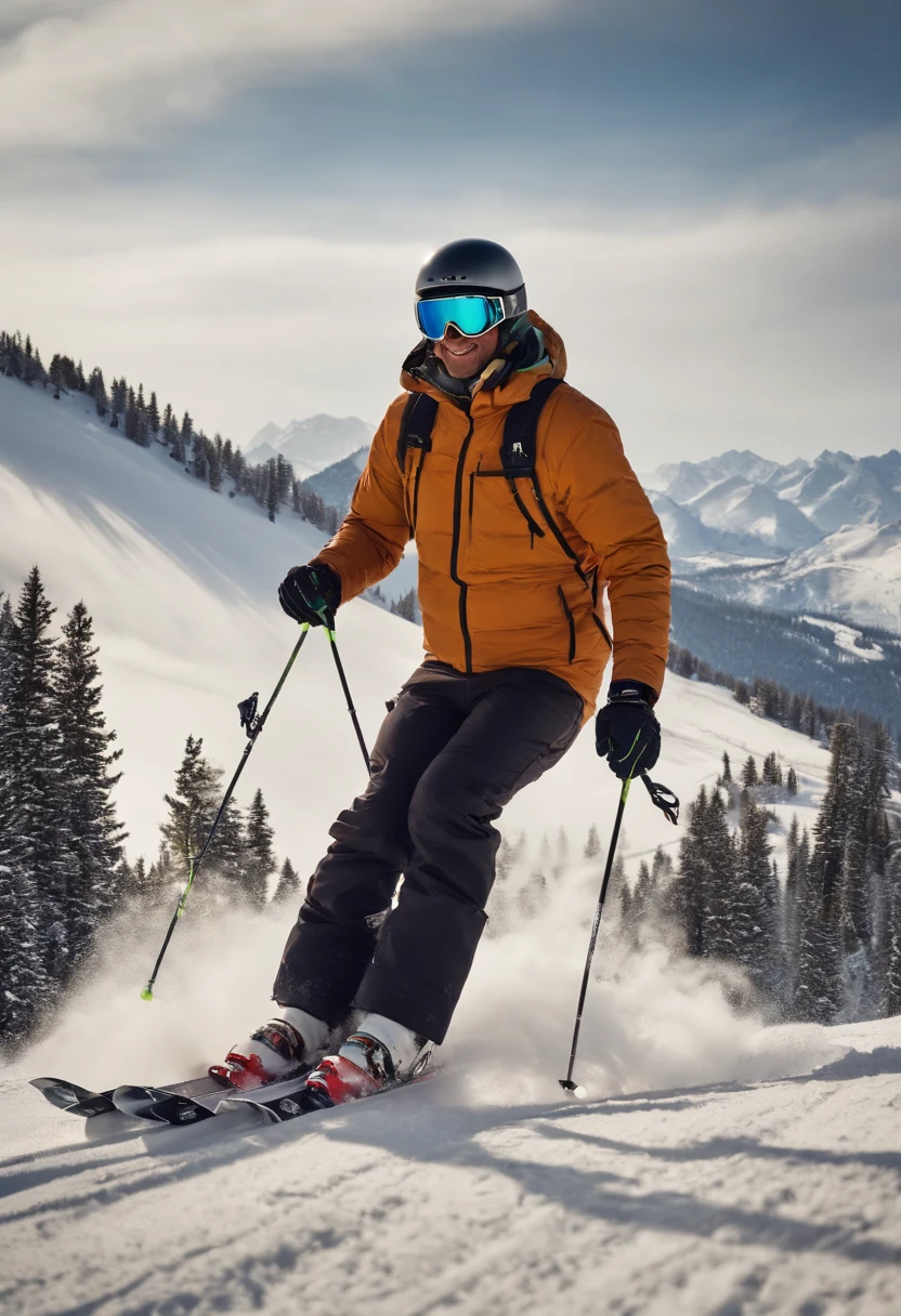 A video of the ski instructor effortlessly carving through a mogul field with stylish and precise turns,original,a quintessential ski bum, lives and breathes the slopes of Jackson Hole, with his sun-bleached hair, weathered skin, and a perpetual grin beneath his mirrored goggles. His attire is a colorful mishmash of vintage ski gear, patched up from years of backcountry adventures, embodying his free-spirited and carefree approach to life.