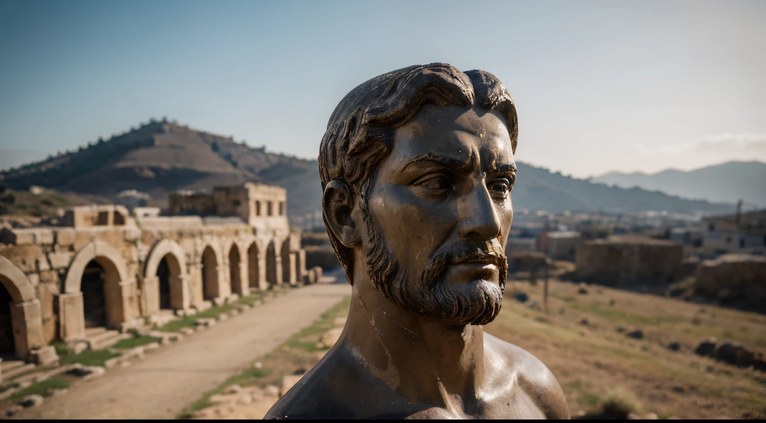Ancient Stoic Statue With Very Angry Expression, tem barba, muitos detalhes em ambos os olhos, Outside, fundo atenas grego, open sky, com rosto extremamente detalhado full body view, Colors with low saturation with dark tone, Filmado em Sony A7S III com Sony FE 35mm f/1.8, 12.1 MP, --AR 3:2 --estilo cru