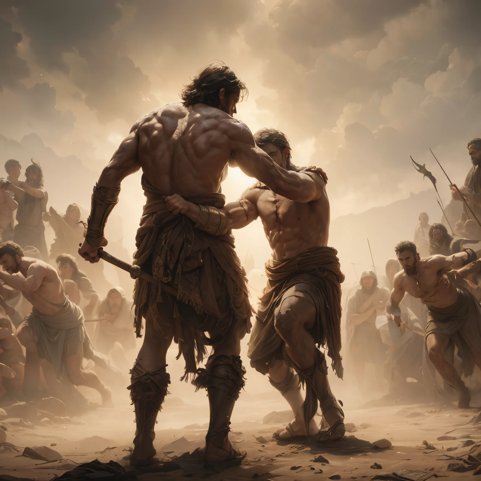 Neandertais vs sapiens, Prehistoric hominid struggle, Prehistoric men, homens das cavernas, prehistoric scenery, Realistic, ultra realistic, cinematic picture, Prehistoric group warfare