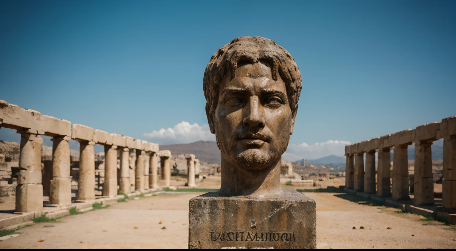 Ancient Stoic Statue With Very Angry Expression, tem barba, muitos detalhes em ambos os olhos, Outside, fundo atenas grego, open sky, com rosto extremamente detalhado full body view, Colors with low saturation with dark tone, Filmado em Sony A7S III com Sony FE 35mm f/1.8, 12.1 MP, --AR 3:2 --estilo cru