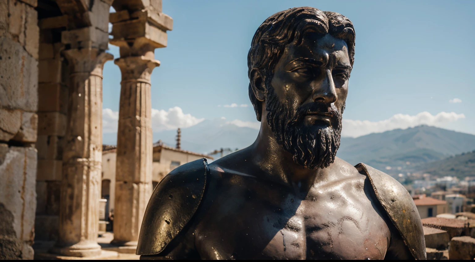 Ancient Stoic Statue With Very Angry Expression, tem barba, muitos detalhes em ambos os olhos, Outside, fundo atenas grego, open sky, com rosto extremamente detalhado full body view, Colors with low saturation with dark tone, Filmado em Sony A7S III com Sony FE 35mm f/1.8, 12.1 MP, --AR 3:2 --estilo cru