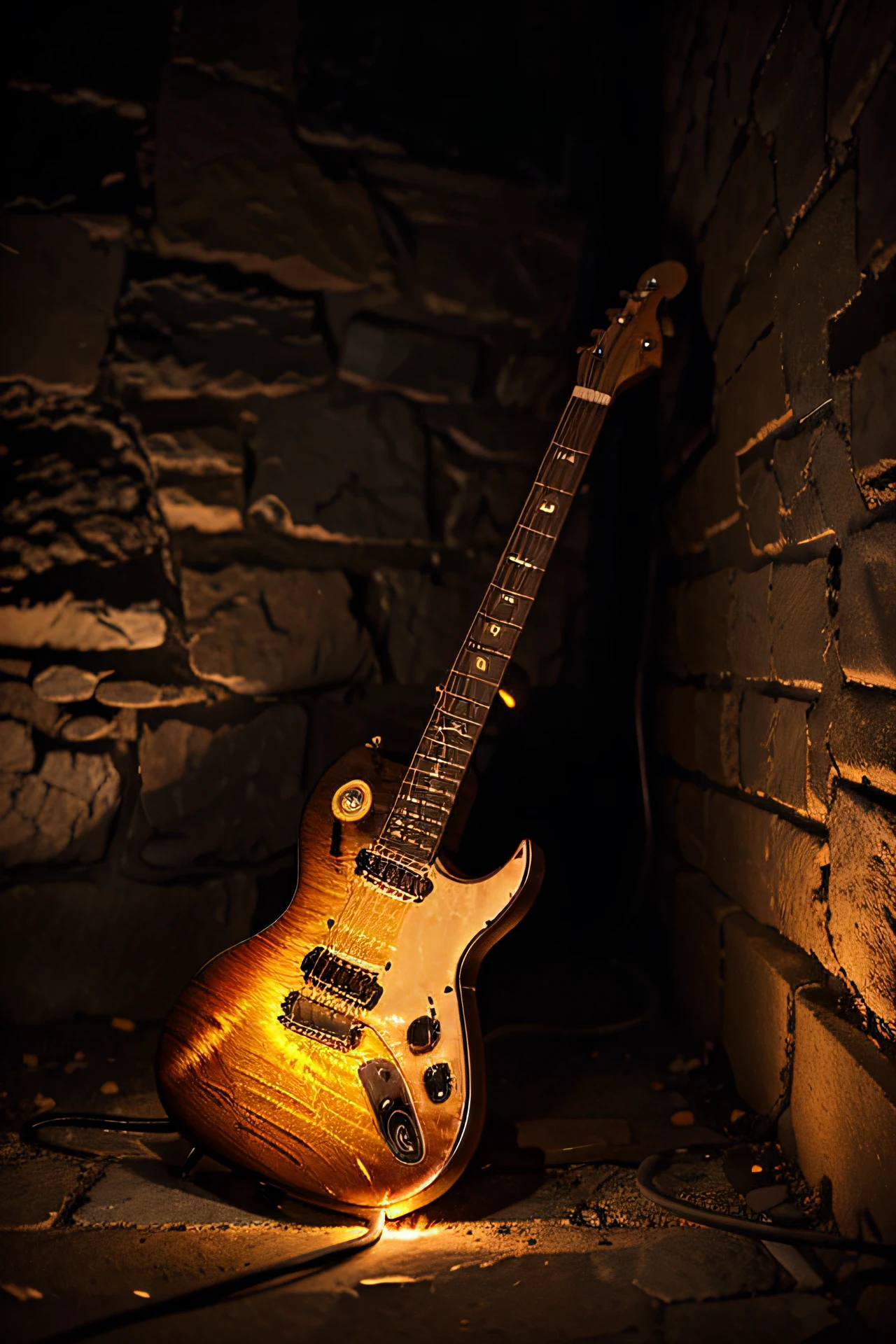 an electric guitar embedded in the dark stone wall, with details on fire.