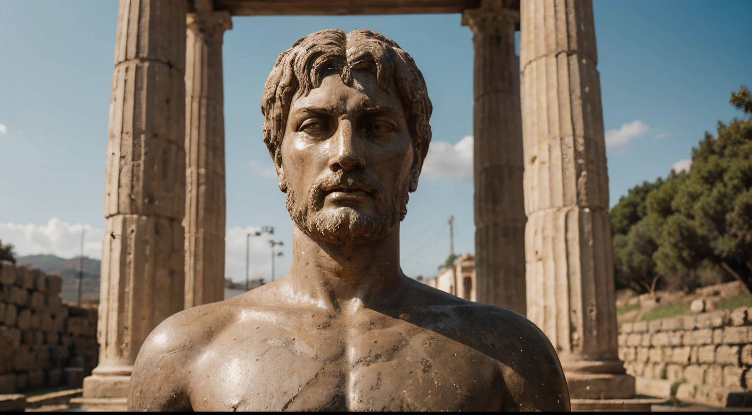 Ancient Stoic Statue With Very Angry Expression, tem barba, muitos detalhes em ambos os olhos, Outside, fundo atenas grego, open sky, com rosto extremamente detalhado full body view, Colors with low saturation with dark tone, Filmado em Sony A7S III com Sony FE 35mm f/1.8, 12.1 MP, --AR 3:2 --estilo cru
