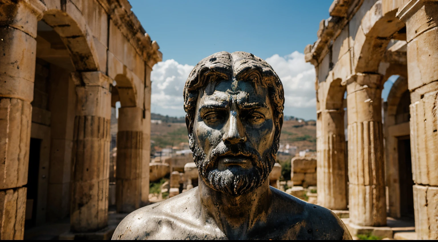 Ancient Stoic Statue With Very Angry Expression, tem barba, muitos detalhes em ambos os olhos, Outside, fundo atenas grego, open sky, com rosto extremamente detalhado full body view, Colors with low saturation with dark tone, Filmado em Sony A7S III com Sony FE 35mm f/1.8, 12.1 MP, --AR 3:2 --estilo cru