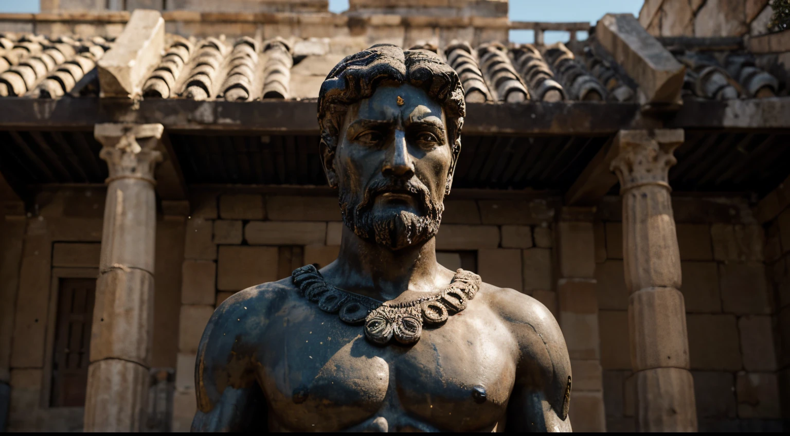 Ancient Stoic Statue With Very Angry Expression, tem barba, muitos detalhes em ambos os olhos, Outside, fundo atenas grego, open sky, com rosto extremamente detalhado full body view, Colors with low saturation with dark tone, Filmado em Sony A7S III com Sony FE 35mm f/1.8, 12.1 MP, --AR 3:2 --estilo cru
