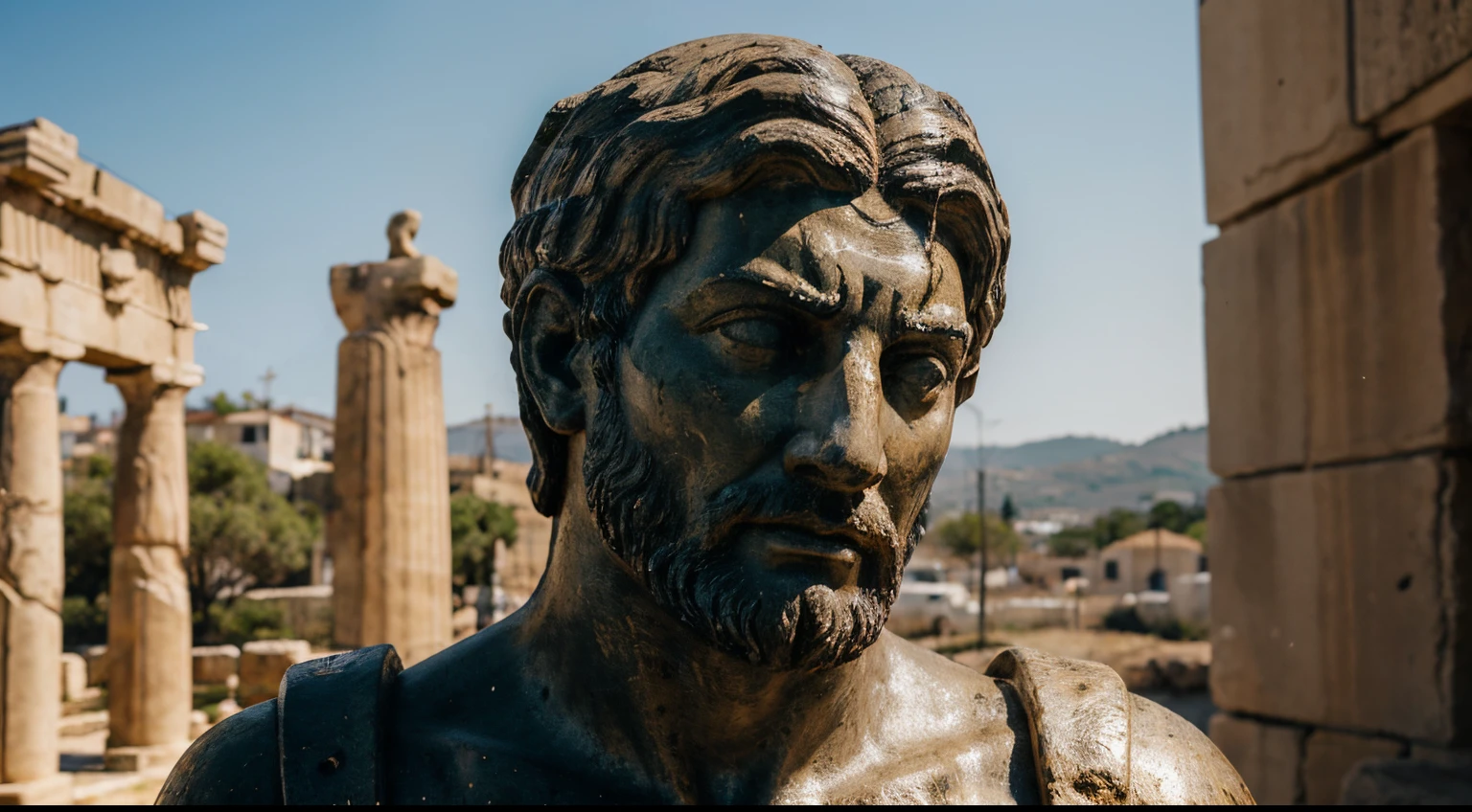 Ancient Stoic Statue With Very Angry Expression, tem barba, muitos detalhes em ambos os olhos, Outside, fundo atenas grego, open sky, com rosto extremamente detalhado full body view, Colors with low saturation with dark tone, Filmado em Sony A7S III com Sony FE 35mm f/1.8, 12.1 MP, --AR 3:2 --estilo cru