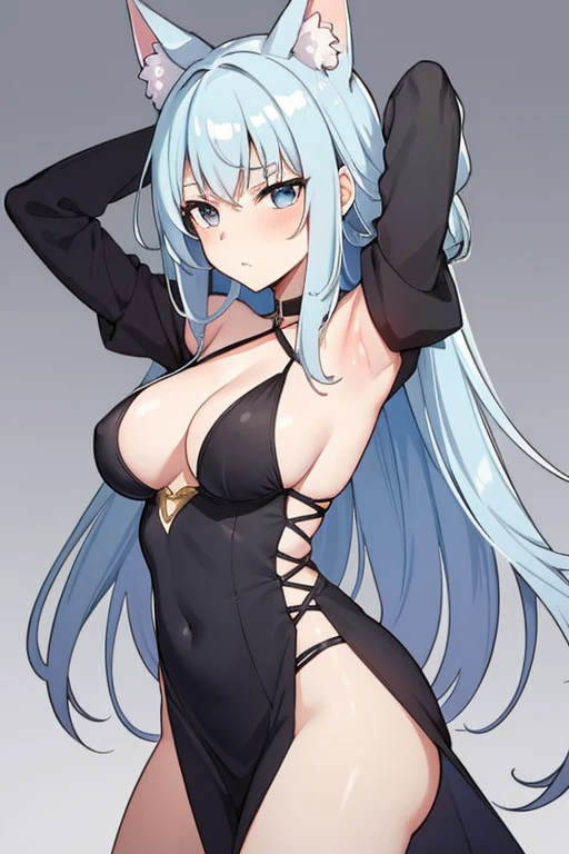 incoming hug, 1girl, solo, grey background, medium breasts, dress, sexy