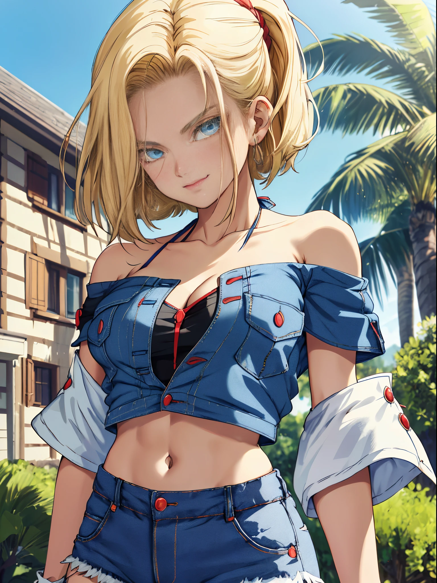tmasterpiece, best qualtiy, ultra - detailed, absurderes, Portrait Beautiful Android 18db, 独奏, 耳Nipple Ring, (The bikini:1.5),Underdressing,jewely, (Off-the-shoulder clothing:1.5),cleavage, upper body closeup,ssmile, Thongs, vests, 云, Skysky, daysies, outside of house,Denim super shorts,best qualtiy, tmasterpiece, intricate detailes, tonemapping, Sharp Focus, ultra - detailed, Altstati is a trend,