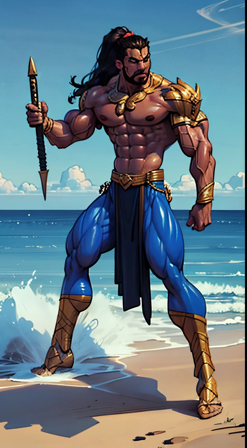 (Action pose:1.5), a painting of a (((muscular))) man with a spear and a large body of water, The God Poseidon, The God of the Sea, brown loincloth, golden crown, The God Hades, Poseidon, Charon, colored blue skin, colored skin, ((blue skin:1.3)), The Boatman of Hades, God of the Ocean, God of the Underworld, Hades, God Shiva the Destroyer, Furious God Zeus, Like an Atlantean, veiny biceps, chiseled abs, muscular legs, rugged face, long hair in ponytail, masterpiece, 8k