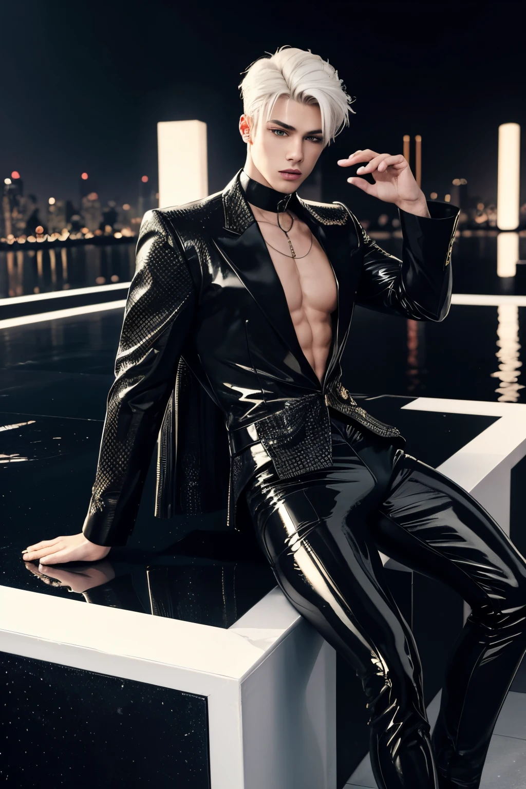 20 year old boy, his body is slim and defined, has curves and his butt is big, his hair is platinum white, he is a pop star, he is wearing tulle clothes with black spandex with a lot of shine and stones, his clothes are bold and sexy, he is sexy and gay, he is in a diva pose, the background is black and he is on top of a black water mirror. full body, pop star, sexy boy, sexy gay, sexy gay suit.