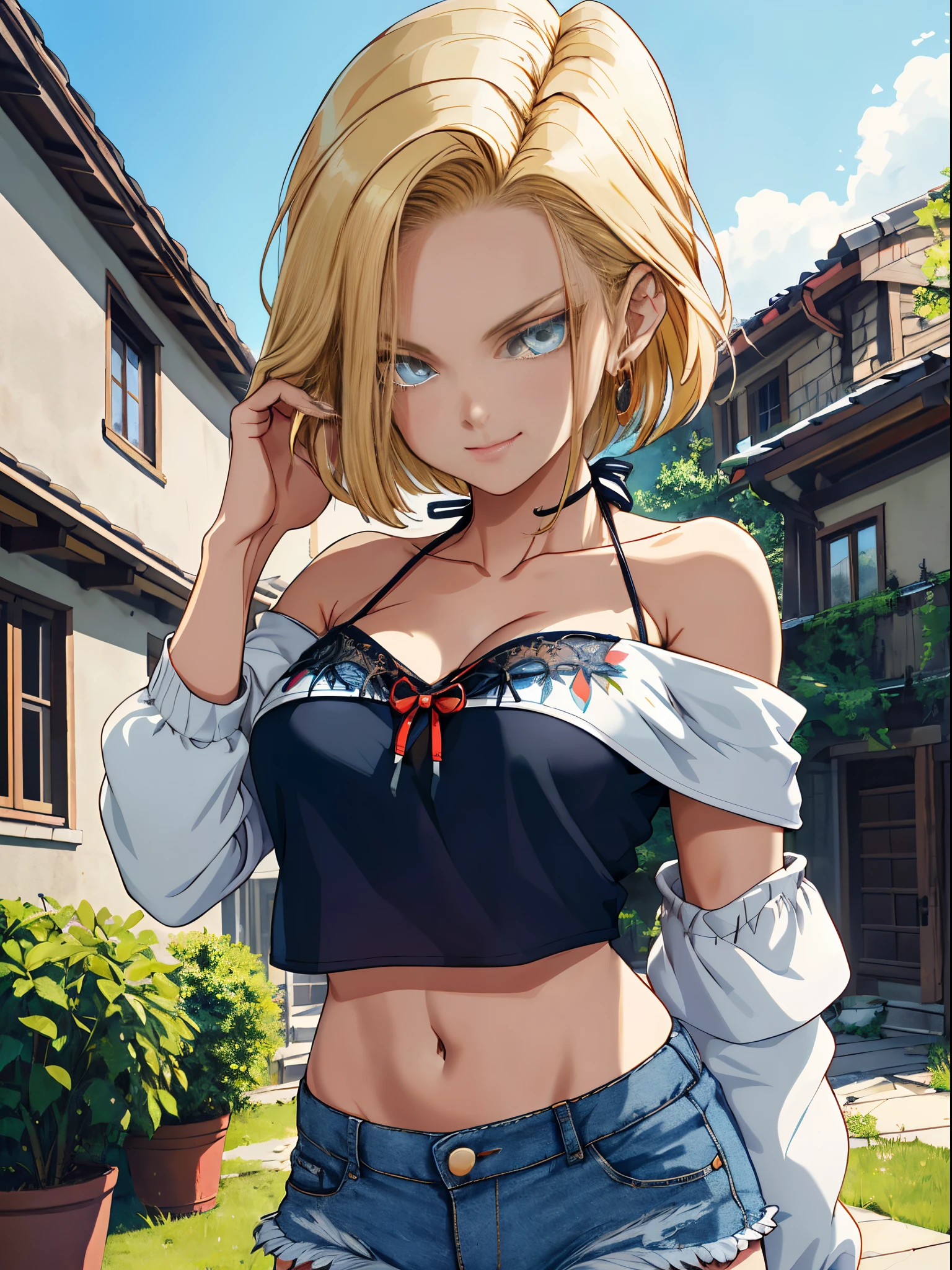 tmasterpiece， best qualtiy， ultra - detailed， absurderes， Portrait Beautiful Android 18db， 独奏， 耳Nipple Ring， (The bikini:1.5)，Underdressing，jewely， (Off-the-shoulder clothing:1.5)，cleavage， upper body closeup，ssmile， Thongs， vests， 云， Skysky， daysies， outside of house，Denim super shorts，best qualtiy， tmasterpiece， intricate detailes， tonemapping， Sharp Focus， ultra - detailed， Altstati is a trend，