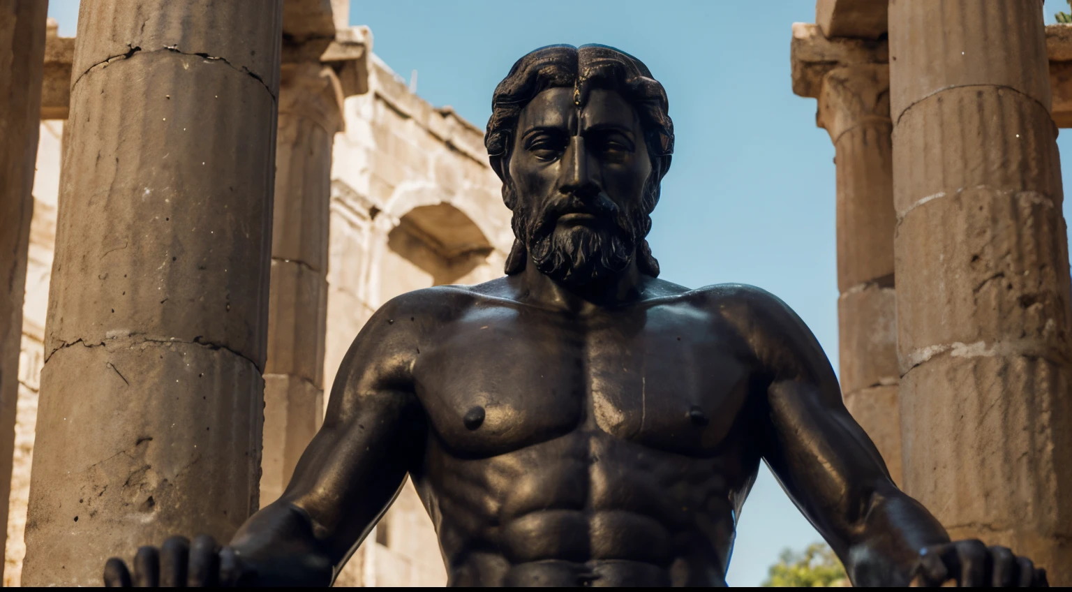 Ancient Stoic Statue With Very Angry Expression, tem barba, muitos detalhes em ambos os olhos, Outside, fundo atenas grego, open sky, com rosto extremamente detalhado full body view, Colors with low saturation with dark tone, Filmado em Sony A7S III com Sony FE 35mm f/1.8, 12.1 MP, --AR 3:2 --estilo cru