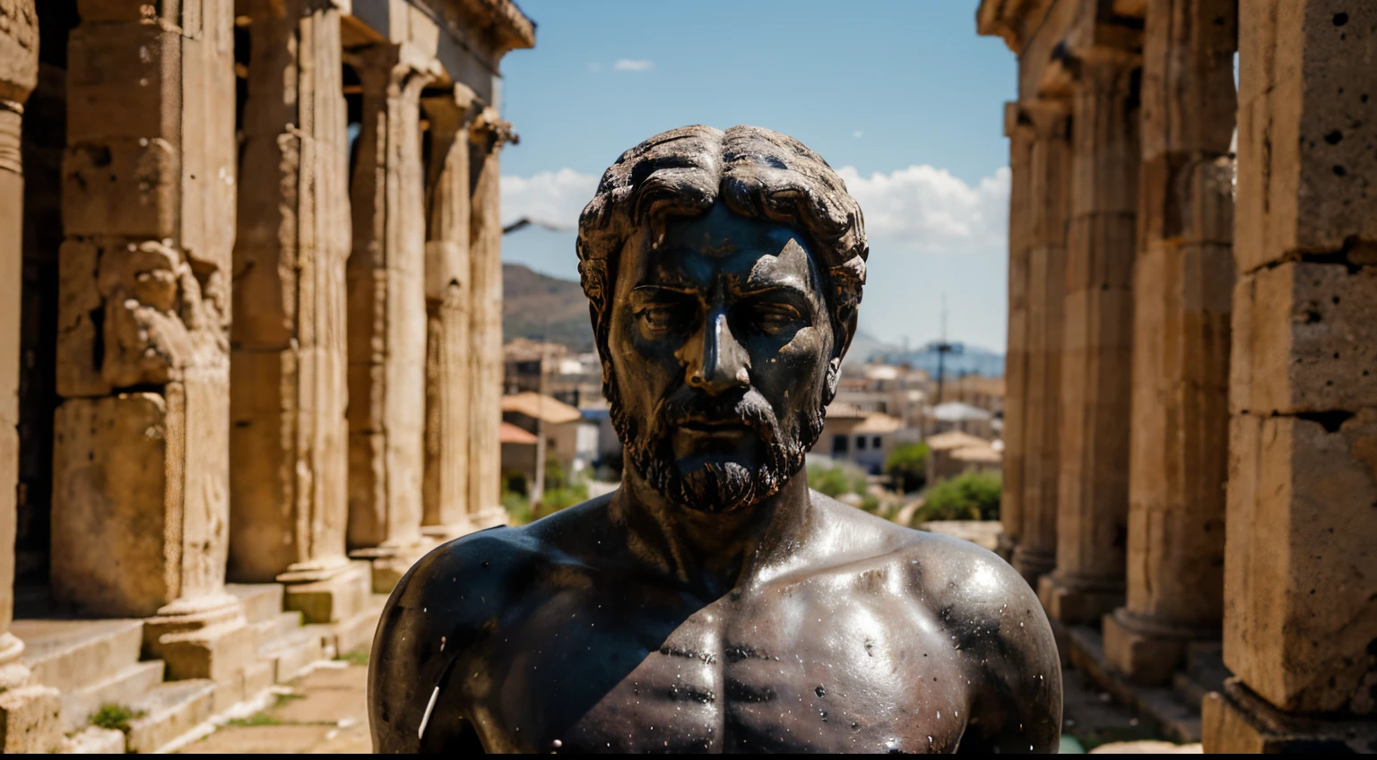 Ancient Stoic Statue With Very Angry Expression, tem barba, muitos detalhes em ambos os olhos, Outside, fundo atenas grego, open sky, com rosto extremamente detalhado full body view, Colors with low saturation with dark tone, Filmado em Sony A7S III com Sony FE 35mm f/1.8, 12.1 MP, --AR 3:2 --estilo cru