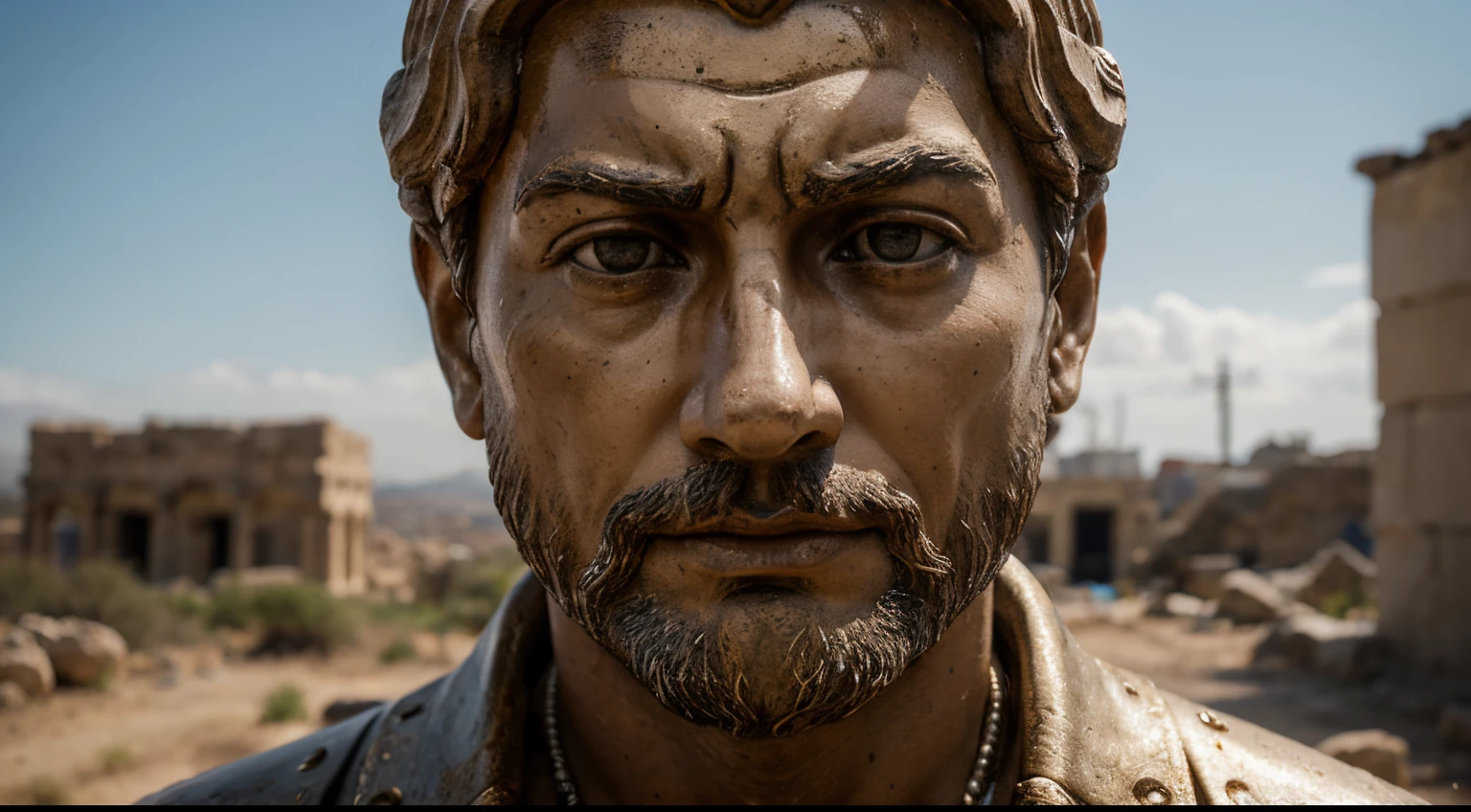 Ancient Stoic Statue With Very Angry Expression, tem barba, muitos detalhes em ambos os olhos, Outside, fundo atenas grego, open sky, com rosto extremamente detalhado full body view, Colors with low saturation with dark tone, Filmado em Sony A7S III com Sony FE 35mm f/1.8, 12.1 MP, --AR 3:2 --estilo cru