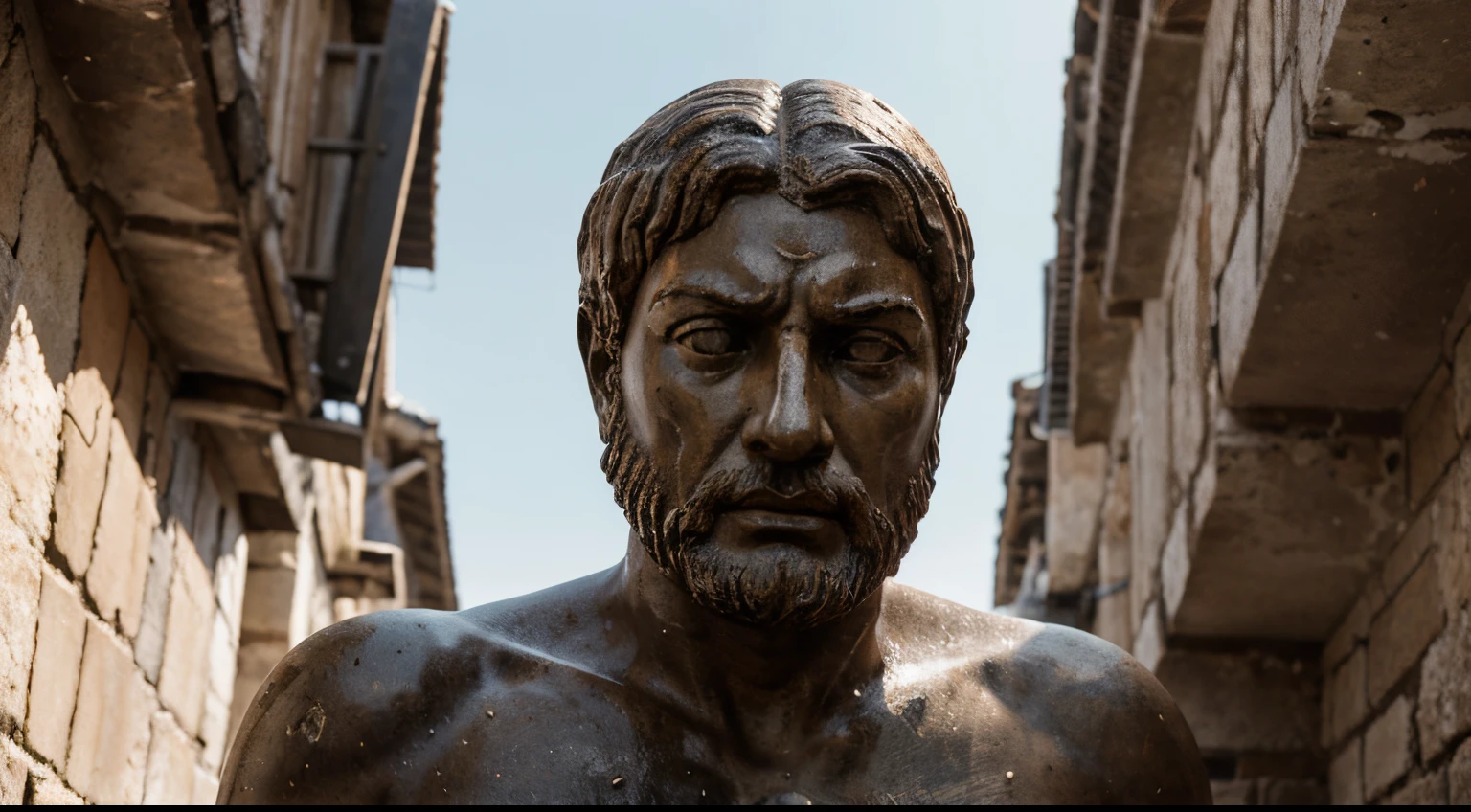 Ancient Stoic Statue With Very Angry Expression, tem barba, muitos detalhes em ambos os olhos, Outside, fundo atenas grego, open sky, com rosto extremamente detalhado full body view, Colors with low saturation with dark tone, Filmado em Sony A7S III com Sony FE 35mm f/1.8, 12.1 MP, --AR 3:2 --estilo cru