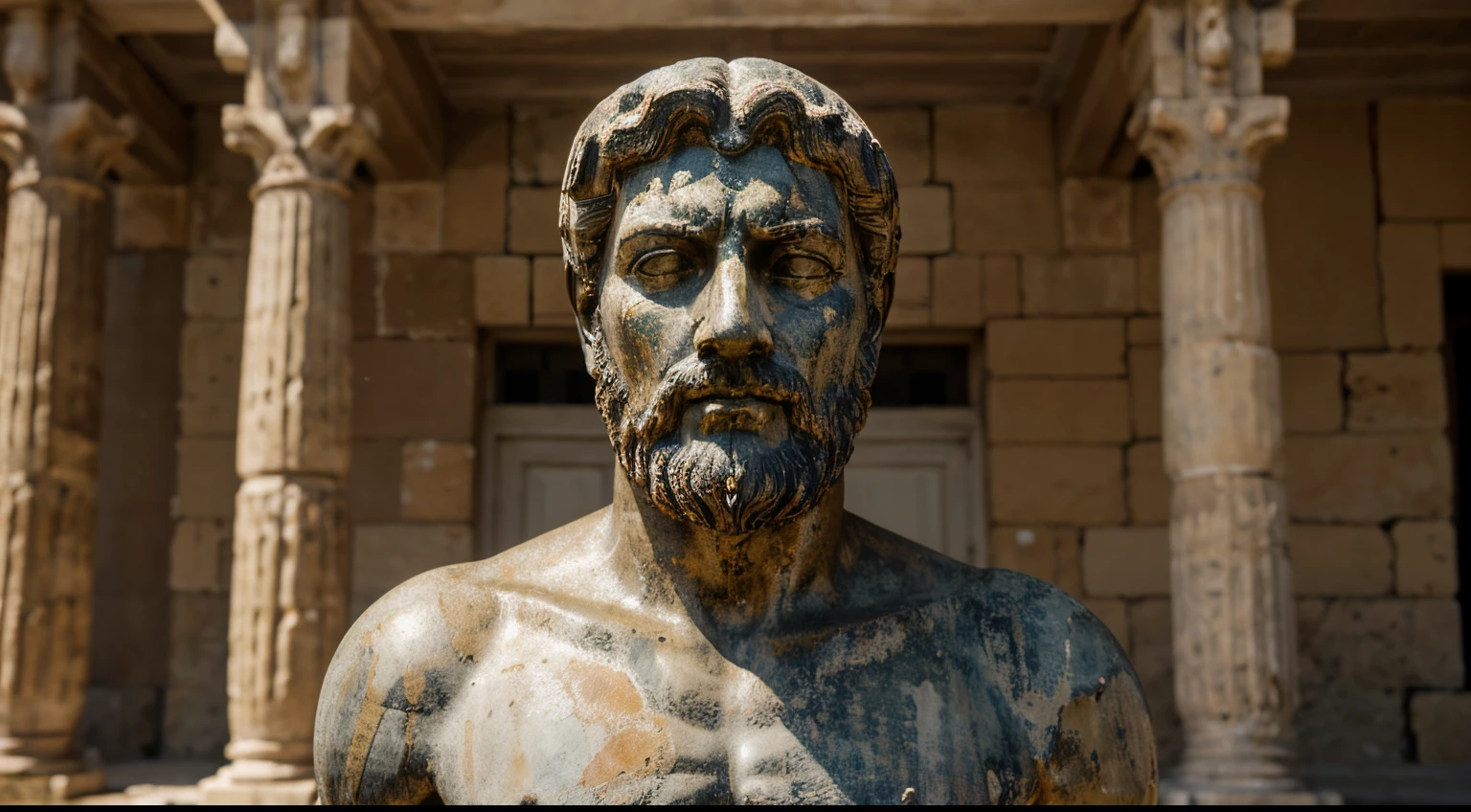 Ancient Stoic Statue With Very Angry Expression, tem barba, muitos detalhes em ambos os olhos, Outside, fundo atenas grego, open sky, com rosto extremamente detalhado full body view, Colors with low saturation with dark tone, Filmado em Sony A7S III com Sony FE 35mm f/1.8, 12.1 MP, --AR 3:2 --estilo cru