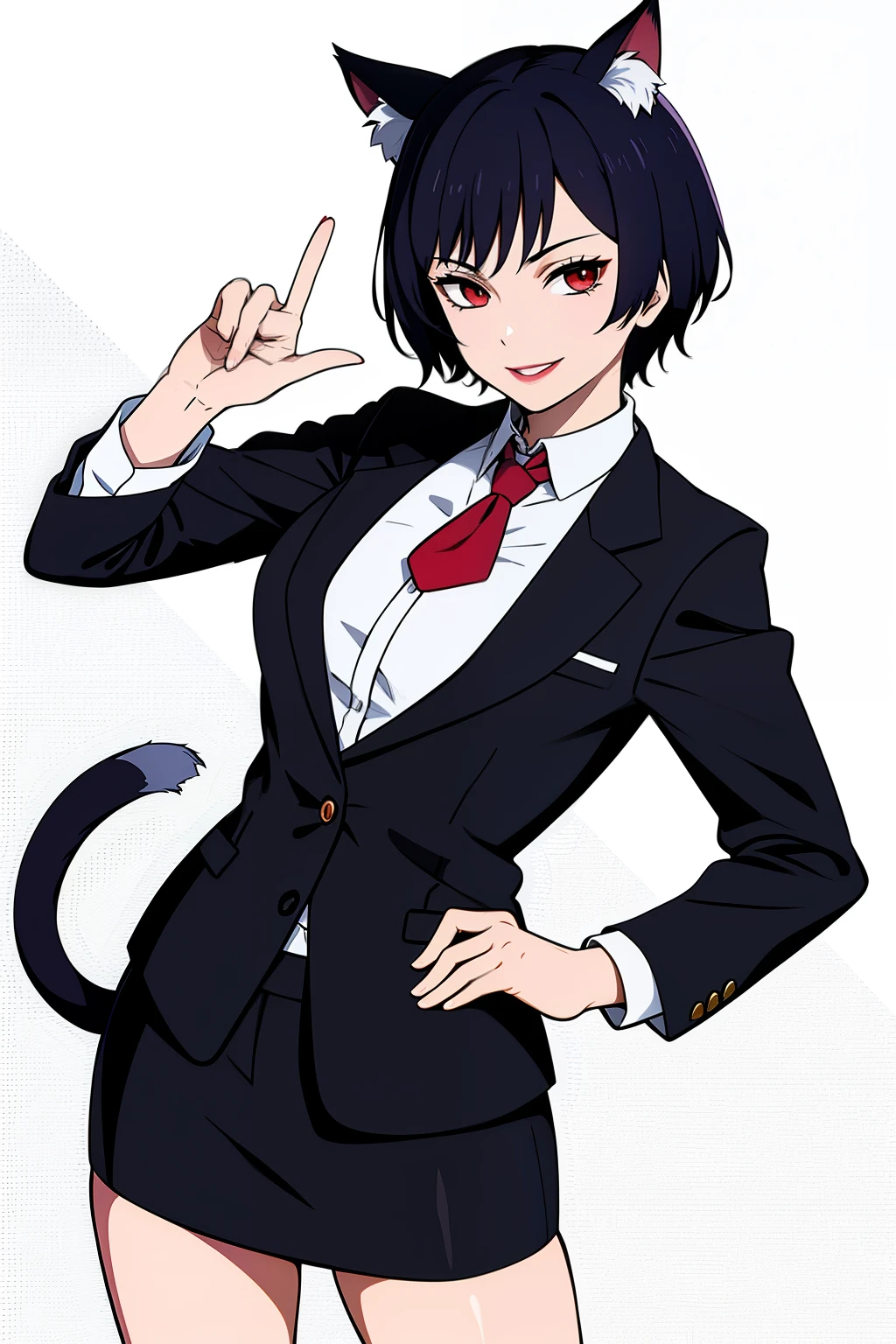Cute girl, short hair, wearing a formal suit, Tie, big chest, sexy, lipstick, Smiling face, beautiful eyes, black hair, Hair neat and combed, red (X) behind she, Combat stance,X, Cat ears, cat collar, cat tail, cat,meow