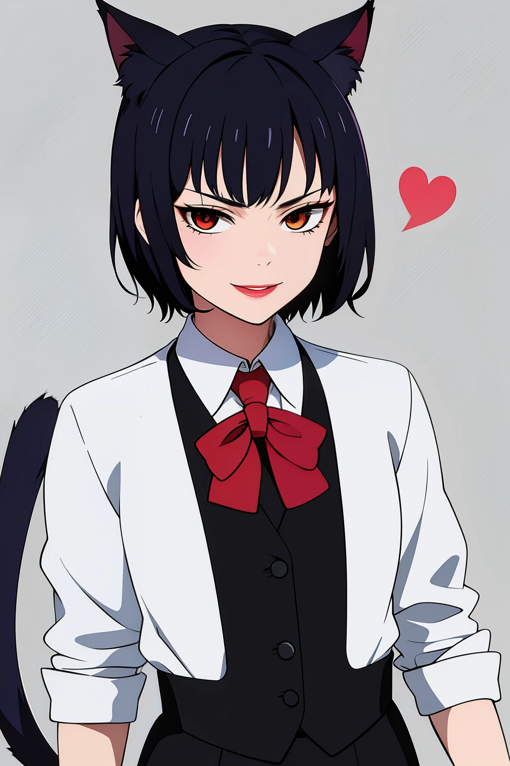 Cute girl, short hair, wearing a formal suit, Tie, big chest, sexy, lipstick, Smiling face, beautiful eyes, black hair, Hair neat and combed, red (X) behind she, Combat stance,X, Cat ears, cat collar, cat tail, cat,meow