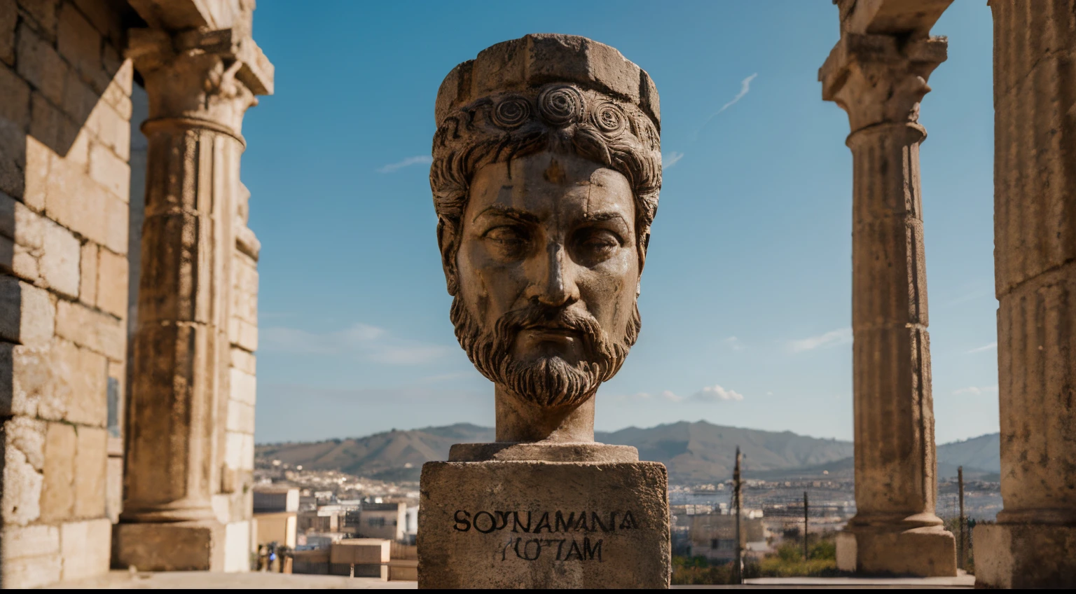 Ancient Stoic Statue With Very Angry Expression, tem barba, muitos detalhes em ambos os olhos, Outside, fundo atenas grego, open sky, com rosto extremamente detalhado full body view, Colors with low saturation with dark tone, Filmado em Sony A7S III com Sony FE 35mm f/1.8, 12.1 MP, --AR 3:2 --estilo cru