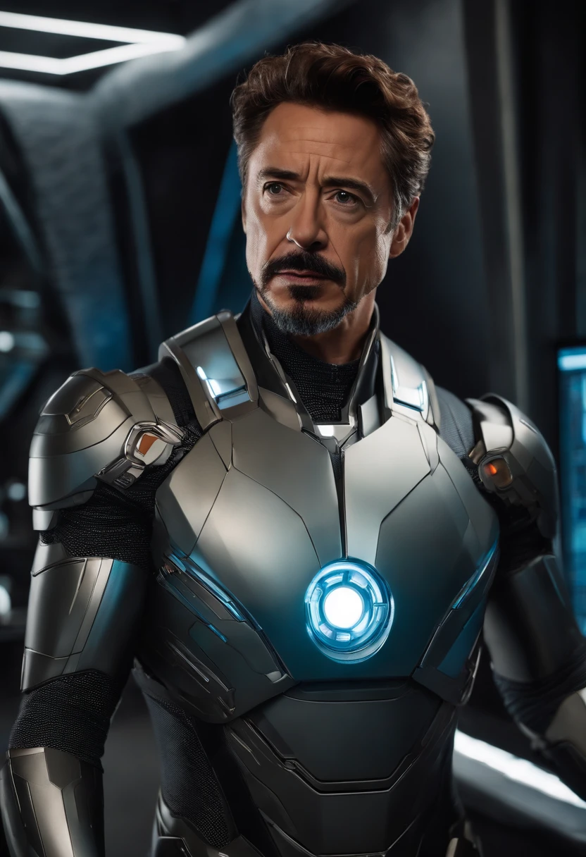 A photo of Tony Stark working on a new virtual reality project in his lab,Marvel Cinematic Universe,Stark is typically depicted as handsome and stylish, with neatly groomed facial hair, a sophisticated sense of fashion, and a well-built physique reflective of his status and personality. His appearance is frequently complemented by the latest technology, from his Arc Reactor chest piece to his cutting-edge Iron Man suits, symbolizing his innovative prowess and the armor he uses in more ways than one.