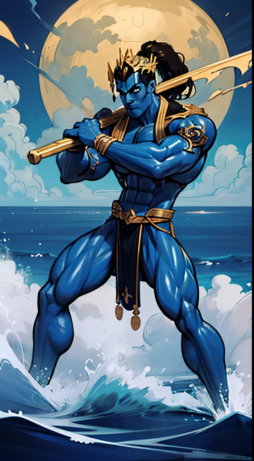 (Action pose:1.5), a painting of a (((muscular))) man with a spear and a large body of water, The God Poseidon, The God of the Sea, brown loincloth, golden crown, The God Hades, Poseidon, Charon, colored blue skin, colored skin, ((blue skin:1.3)), The Boatman of Hades, God of the Ocean, God of the Underworld, Hades, God Shiva the Destroyer, Furious God Zeus, Like an Atlantean, veiny biceps, chiseled abs, muscular legs, rugged face, long hair in ponytail, masterpiece, 8k