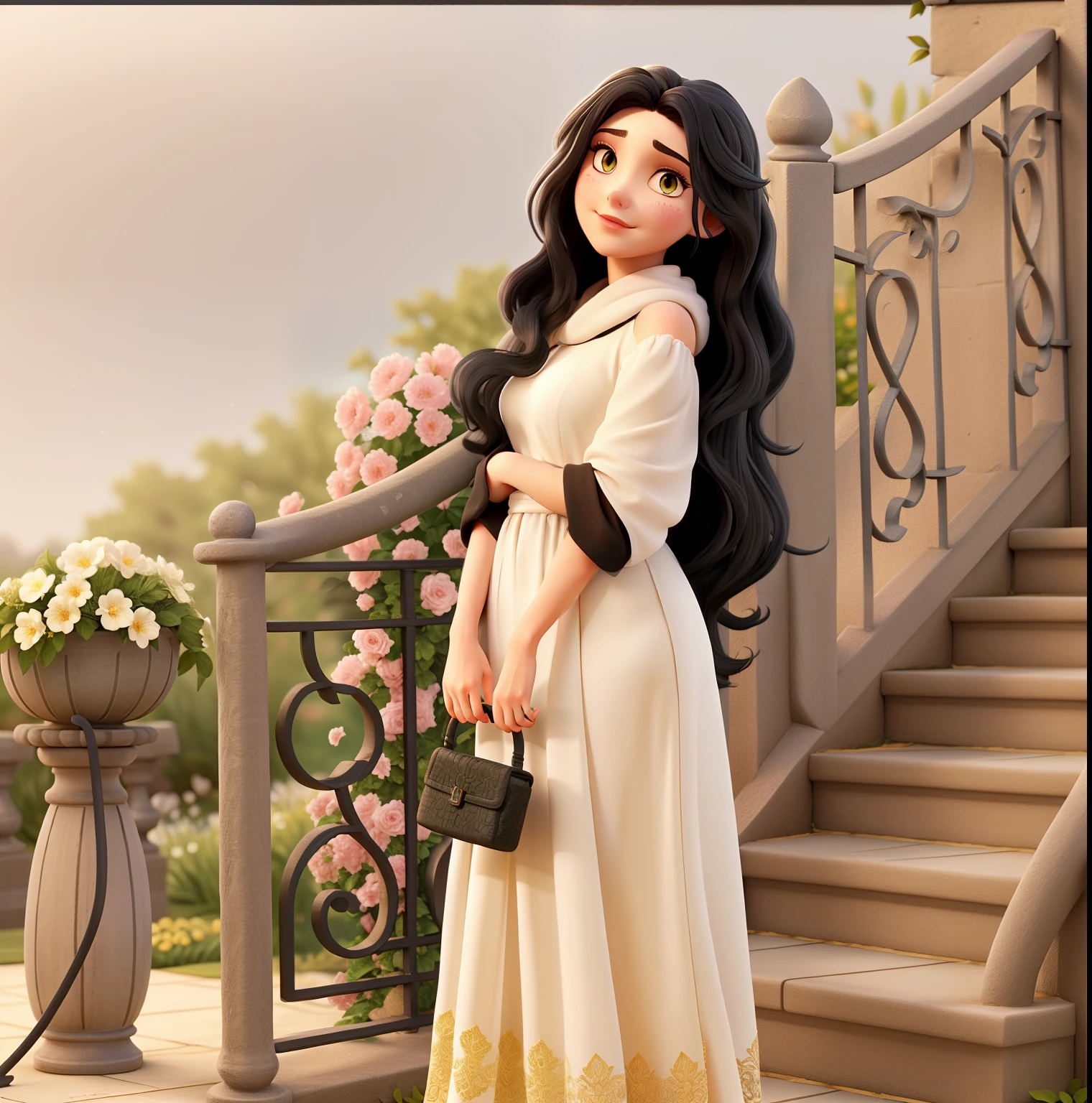 (best quality,realistic) A beautiful girl with long, wavy black hair wearing a black off-shoulder long dress and a hooded cape draped over her head. She has striking black eyes and pale features resembling Tarja, the lead singer of Nightwish. Her lips are adorned with pink lipstick, adding to her mysterious allure. The scene is set in a garden, with vibrant greenery and blooming flowers surrounding her. The lighting is soft and ethereal, casting a gentle glow on her features. The overall color palette is rich and moody and white skin