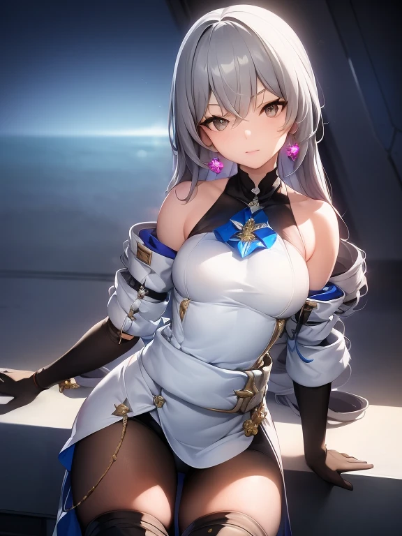 High quality, beautiful woman, mature, beautiful silver hair, short hair, bangs, Russian style beautiful woman, beautiful legs, beautiful taut breasts, beautiful buttocks, taut, beautiful buttocks, light blue eyes, futuristic design outfit, standing in spaceship like environment, solo, gloves, breasts, white gloves, big breasts, elbow gloves, Looking at viewer, body stocking, headgear, smiling, light blue eyes, silver hair, shoulder coat, hands on hips, coat, dress, bangs, standing, closed mouth, white dress, covered navel