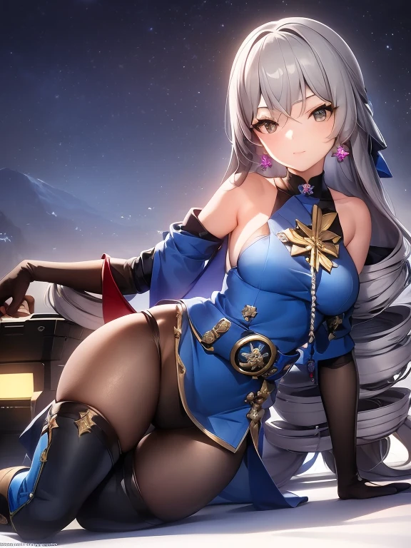 ph bronya, 1girl, solo, jewelry, earrings, long hair, grey hair, bangs, drill hair, bare shoulders, grey eyes, thigh boots, thighhighs, hair between eyes, boots, elbow gloves,sleeveless, black gloves, twin drills, belt, leggings, white dress, breasts, small breasts, black footwear, long sleeves, (masterpiece:1.2, best quality), (finely detailed beautiful eyes: 1.2), (detailed background,dark fantasy), (beautiful detailed face), high contrast, (best illumination, an extremely delicate and beautiful), ((cinematic light)), colorful, hyper detail, dramatic light, intricate details, (sharp face hair between eyes,dynamic angle), the army in the background, winter storm