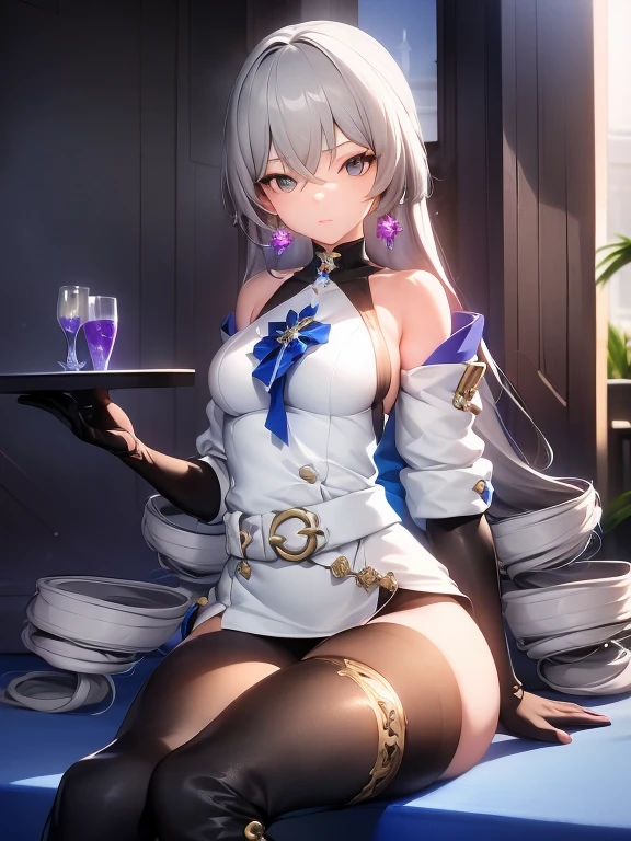 ph bronya, 1girl, solo, jewelry, earrings, long hair, grey hair, bangs, drill hair, ???? shoulders, grey eyes, thigh boots, thighhighs, hair between eyes, boots, elbow gloves,sleeveless, black gloves, twin drills, belt, leggings, white dress, ???????, small ???????, black footwear, long sleeves, (masterpiece:1.2, best quality), (finely detailed beautiful eyes: 1.2), (detailed background,dark fantasy), (beautiful detailed face), high contrast, (best illumination, an extremely delicate and beautiful), ((cinematic light)), colorful, hyper detail, dramatic light, intricate details, (sharp face hair between eyes,dynamic angle), the army in the background, winter storm