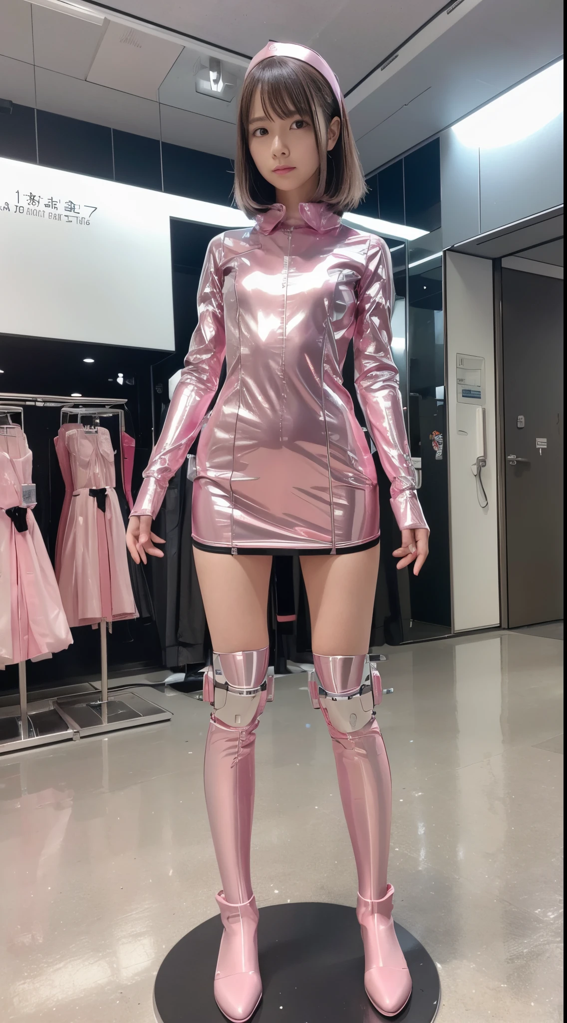 Robot Girl, pink there, Silver, Metallic body, Robot Parts, Metal Parts, Super Detailed Face, Super well-formed face, of the highest quality, a small face, a small head, Brown hair, Slender body, Camera gaze, Internal Mechanical Exposure, Idol, front facing, Well-proportioned body, sale, Exhibited, Event Hall, Moe Pose, no sleeve metallic pink nurse uniform Machine Armor, Standing with legs open, Model body type, sad, Embarrassing,(Perfect Robot Girl),(Perfect machine body)