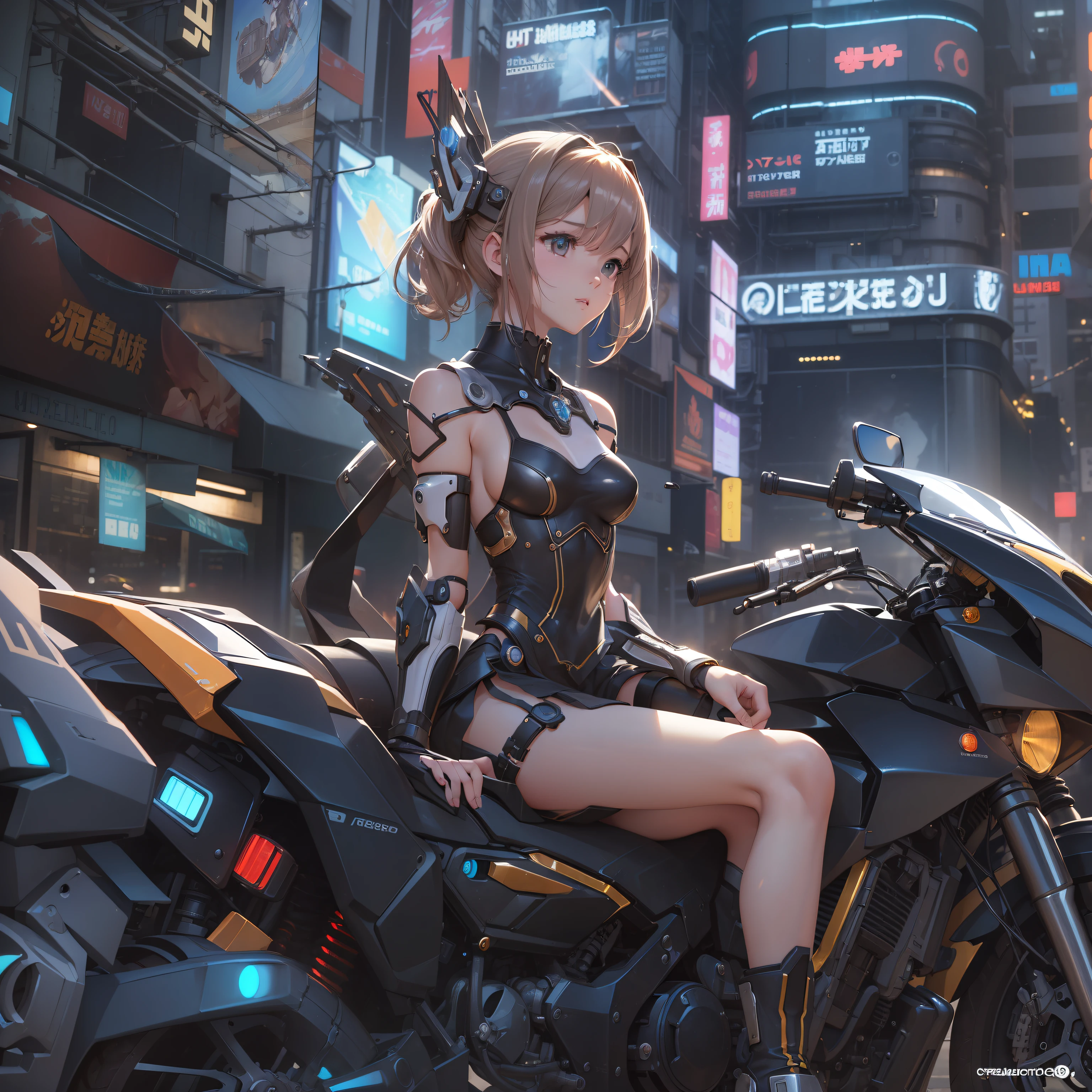 (((​masterpiece)))、(((top-quality)))、((ultra-definition))、(High Definition CG Illustration)、((extremely delicate and beautiful))、Anime girl sitting on a motorcycle in the city of the future, Cinematic Light、cyberpunked、steampunc、2080s、animesque、trending on artstationh、Rachel Walker、mechanized valkyrie girl, Girl in Mecha Cyber Armor