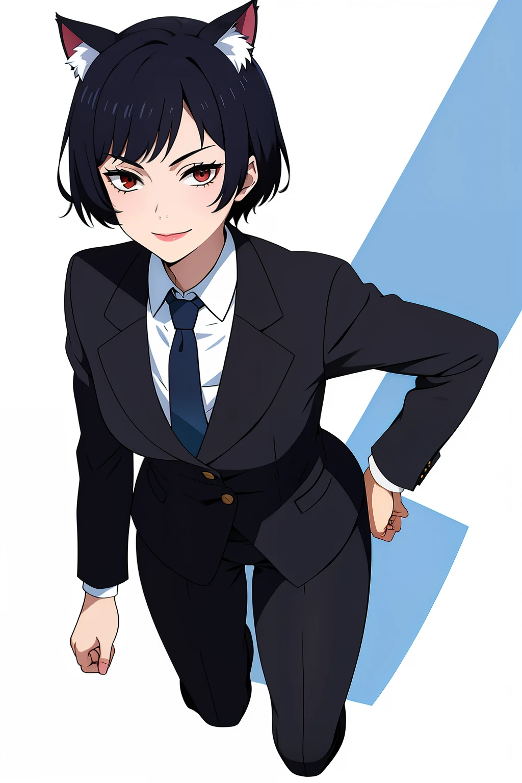 Cute girl, short hair, wearing a formal suit, Tie, big chest, sexy, lipstick, Smiling face, beautiful eyes, black hair, Hair neat and combed, red (X) behind she, Combat stance,X, Cat ears, cat collar, cat tail, cat,meow, full body