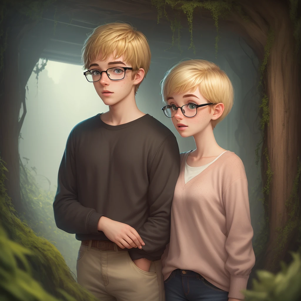 movie, college student, 20 year old Pixar animation, woman, slightly overgrown pixie cut, dyed blond hair with brown overgrown roots, freckles, black glasses