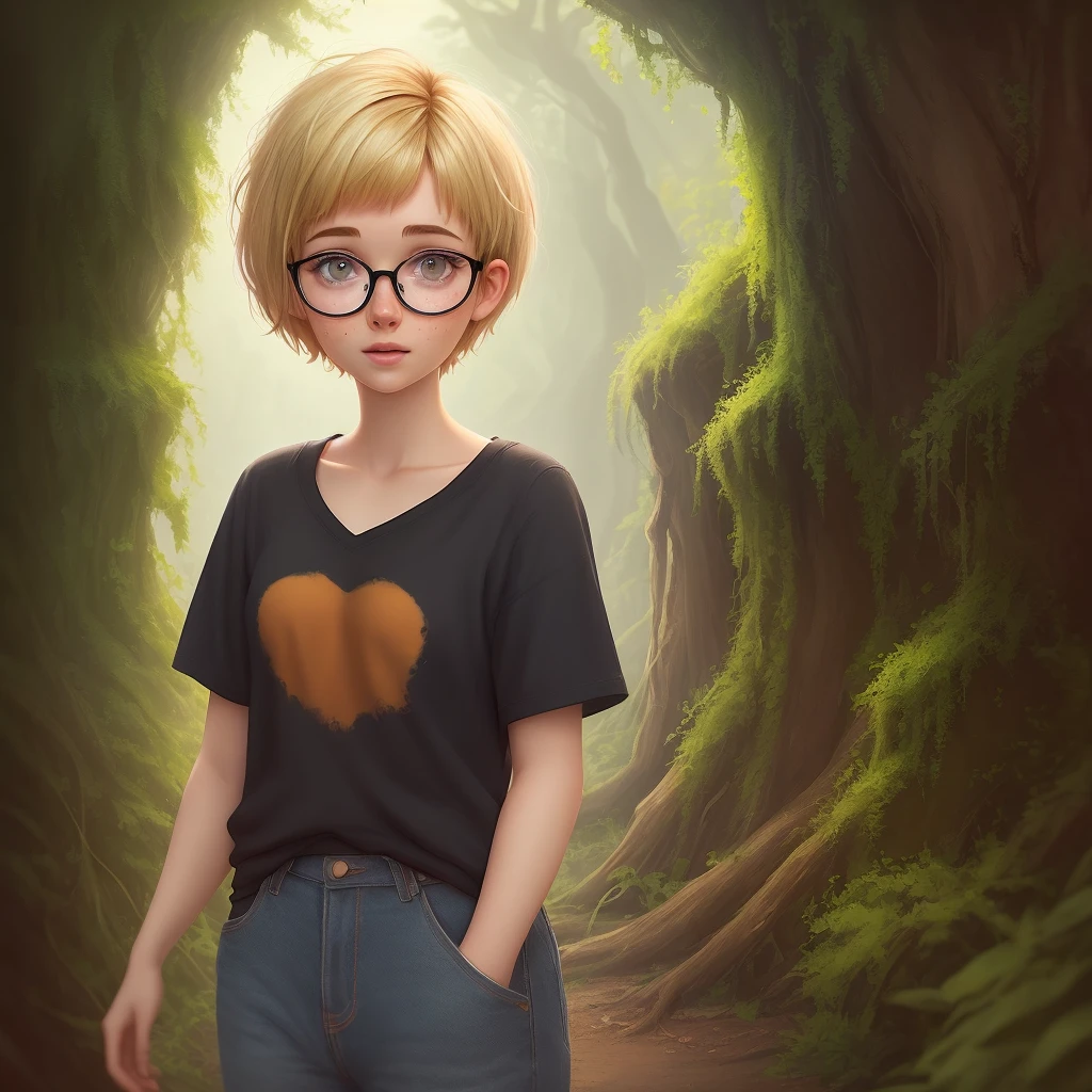 movie, college student, 20 year old Pixar animation, woman, slightly overgrown pixie cut, dyed blond hair with brown overgrown roots, freckles, black glasses