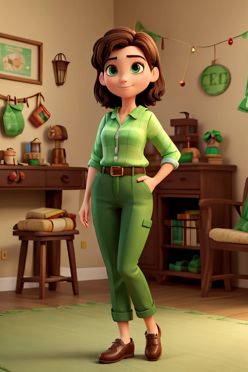 Create a 30-year-old woman, short dark hair, green eyes, pixar style, full body, with green blouse, red pants, close-toed shoes, dressed for Christmas