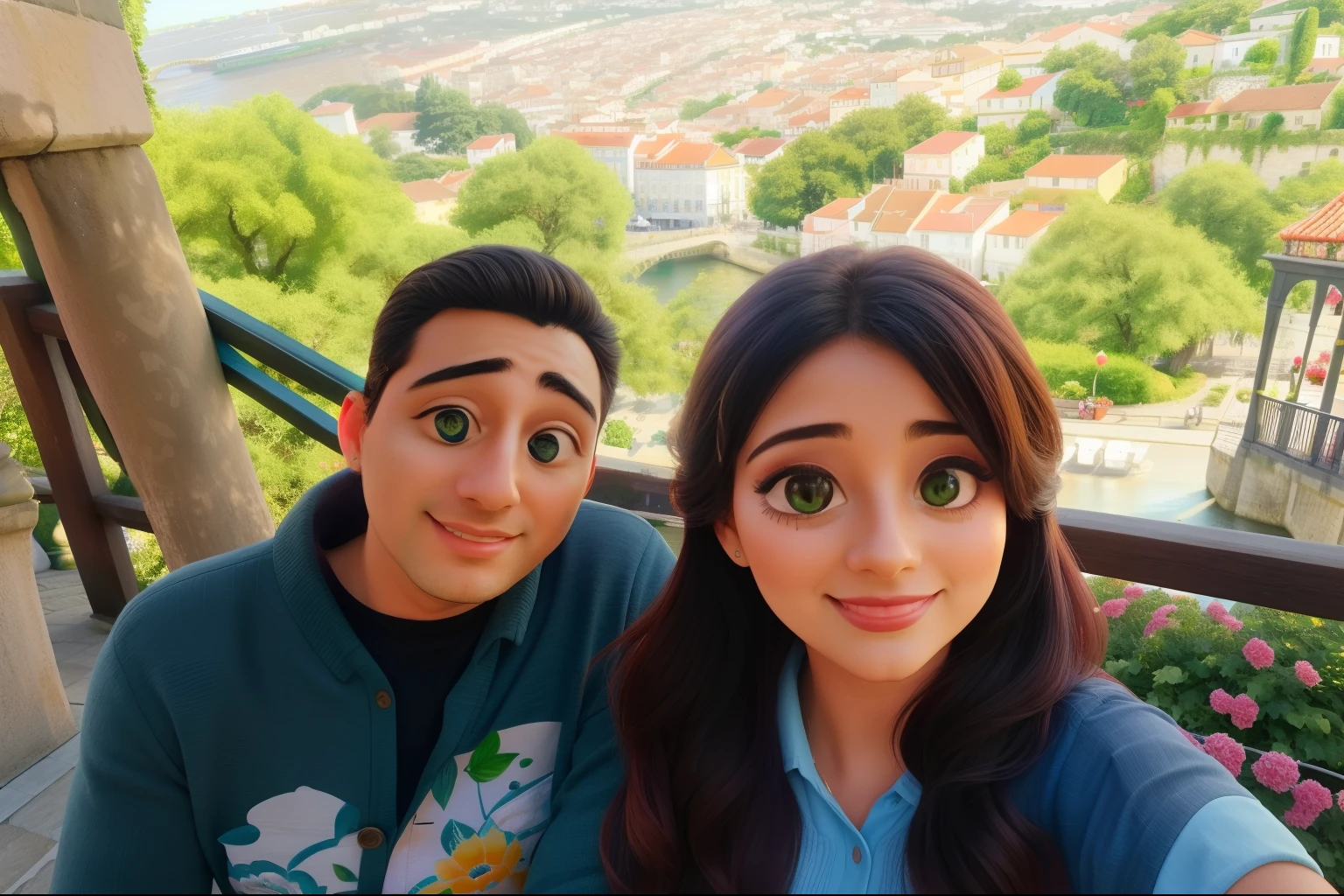 Um casal apaixonado em Lisboa com o Rio Tejo ao fundo
(highres,best quality,4k,8k,masterpiece:1.2),realistic,colorful,romantic couple holding hands,beautiful sunny day,gorgeous view of the Tagus River,iconic cityscape of Lisbon,cobblestone streets,traditional Portuguese architecture,ornate iron balconies,vibrant red roofs,soft gentle breeze,glowing sunset over the river,lush green gardens and parks,lovely flowers in bloom,hand-painted ceramic tiles(porcelain:1.1),romantic dinner at a charming outdoor cafe,lively sounds of Fado music in the distance,smell of freshly baked pastries from a nearby bakery,cobblestone streets filled with local artists,romantic stroll along the waterfront,sparkling reflections on the river,wind in their hair,love in their eyes,joyful laughter and smiles,embrace under the shade of a tree,happy memories being created,passionate kisses as the sun sets,eternal love in the air